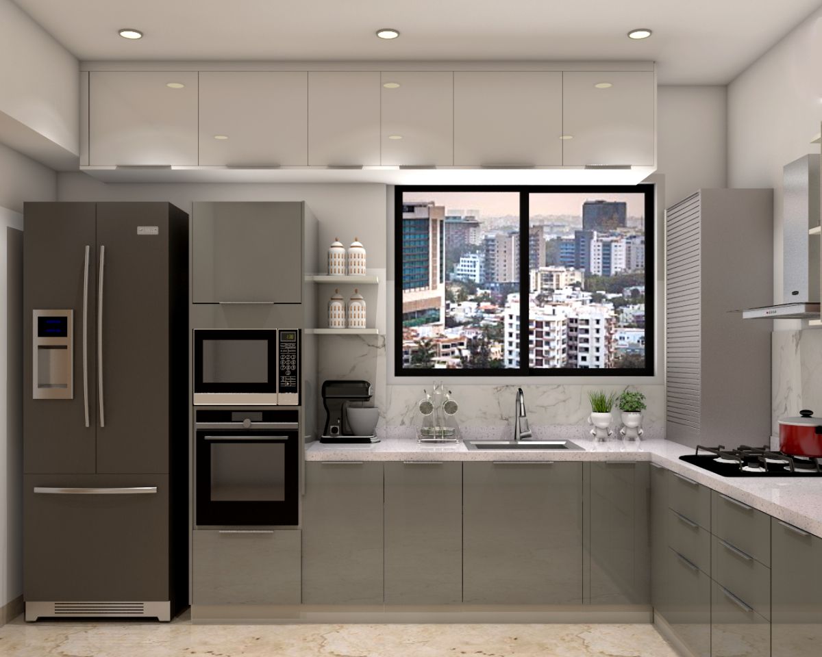 Contemporary U-Shaped Grey And White Modular Kitchen Design