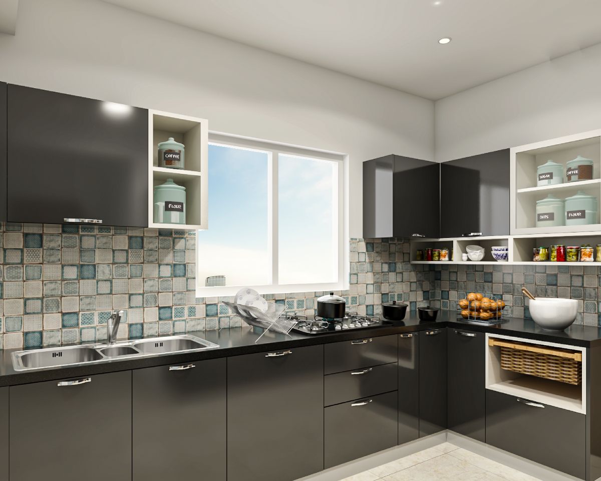 compact kitchen design with blue and grey patterned wall dado