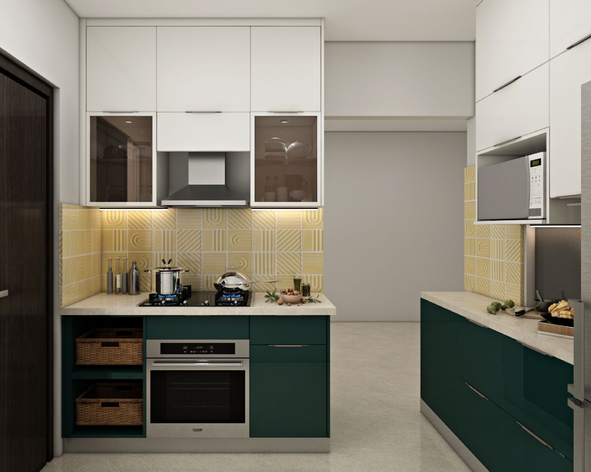 Modern Parallel Kitchen Cabinet Design With Emerald And Frosty White Cabinets
