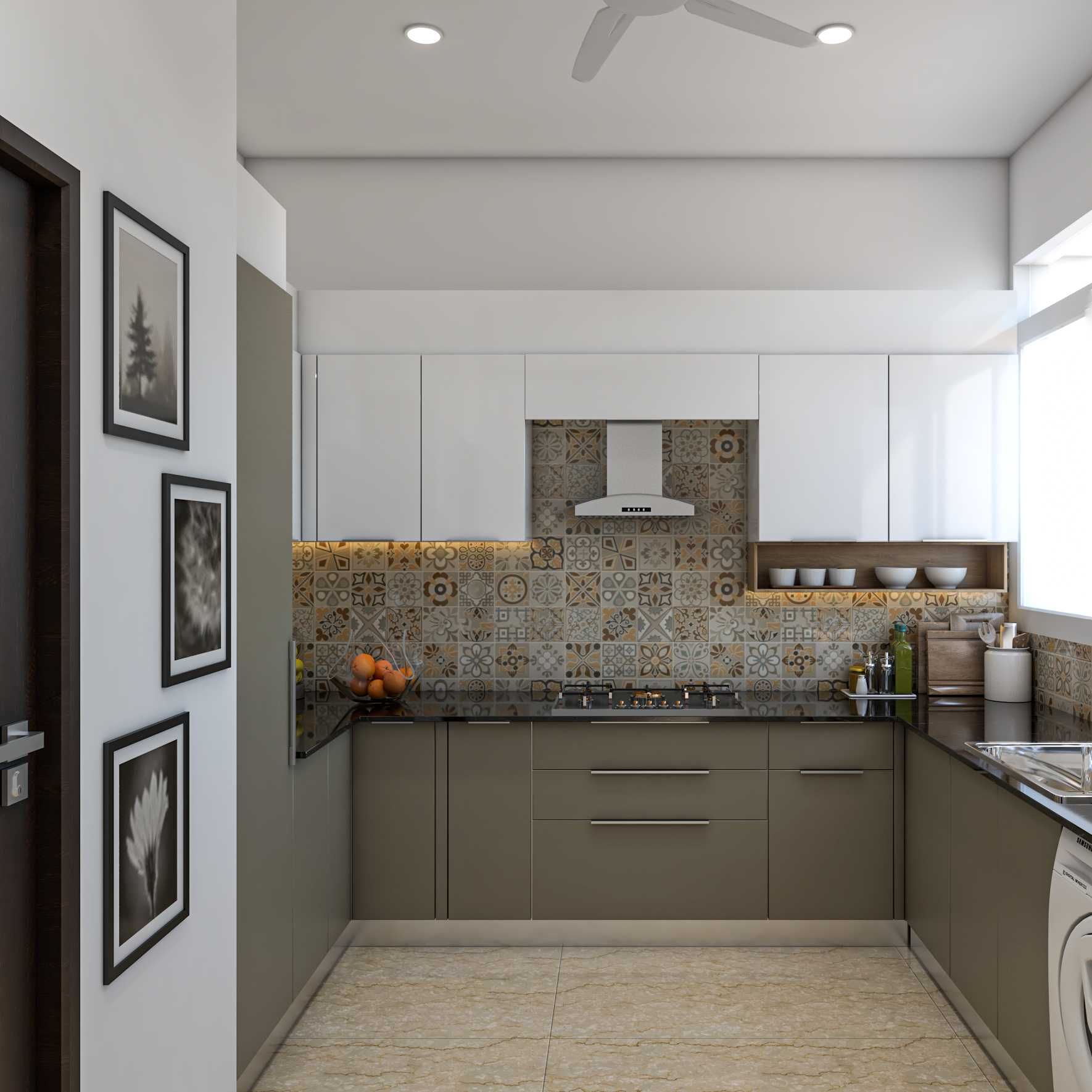 Modern Modular U-Shaped Kitchen Design With White Dado Tiles