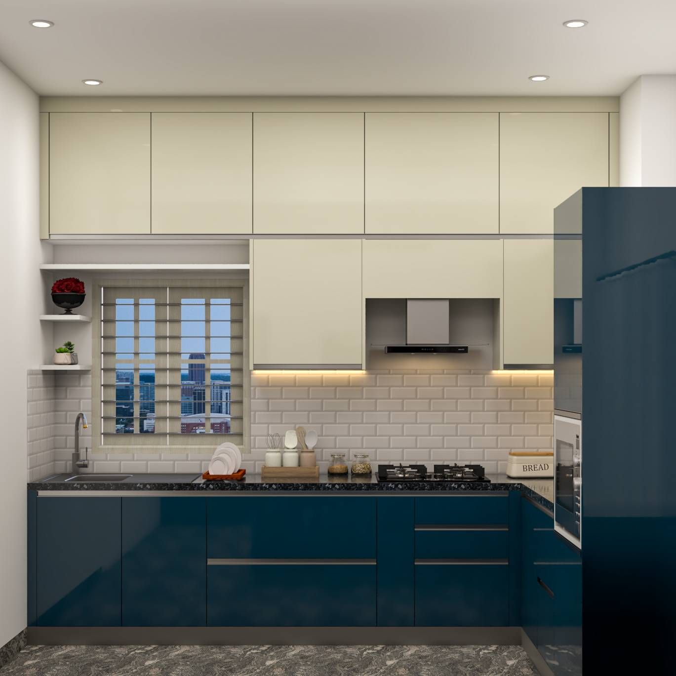 Modern L-Shaped Blue And Champagne-Toned Modular Kitchen Design