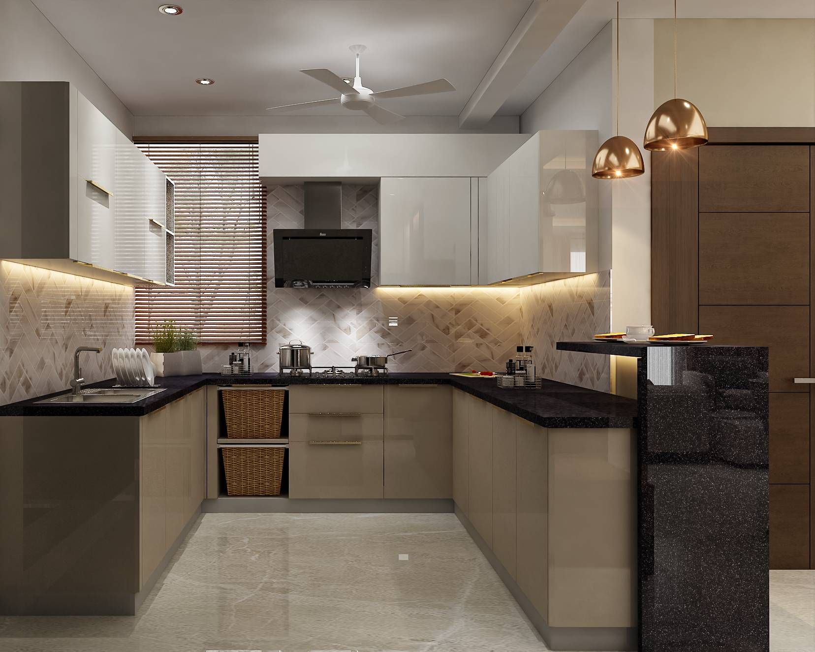 Modern U-Shaped Kitchen Design With Cove Lighting And Hanging Lights