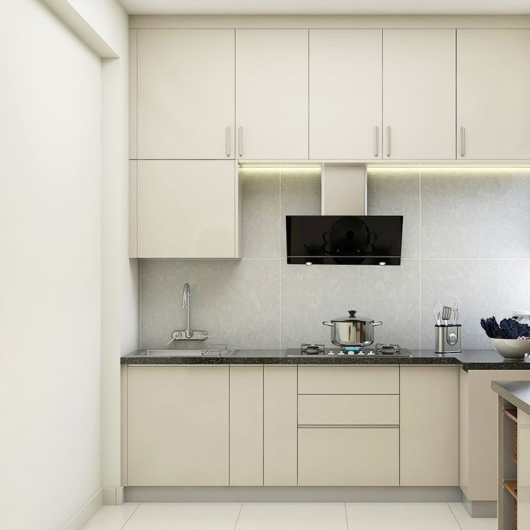 Contemporary L-Shaped Kitchen Design With Grey Dado Tiles