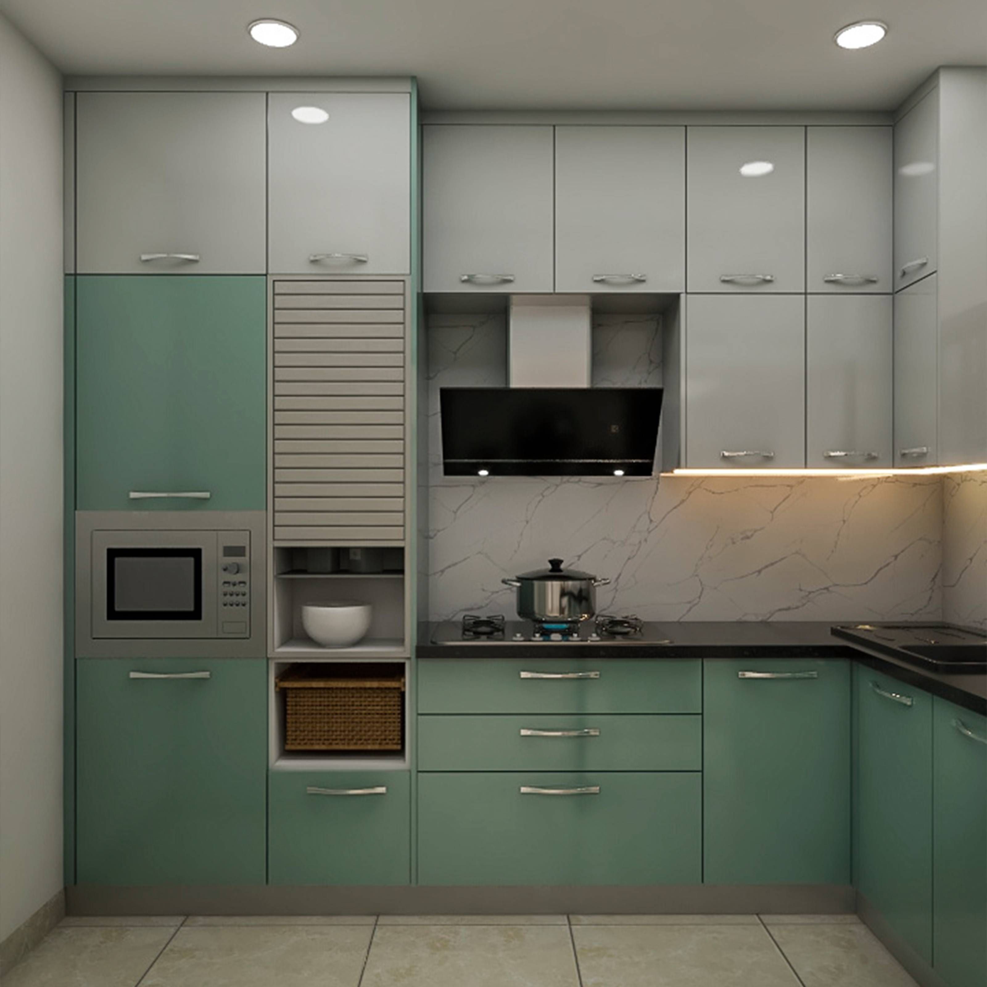 Modern L-Shaped Kitchen Design With Green And Grey Storage Units
