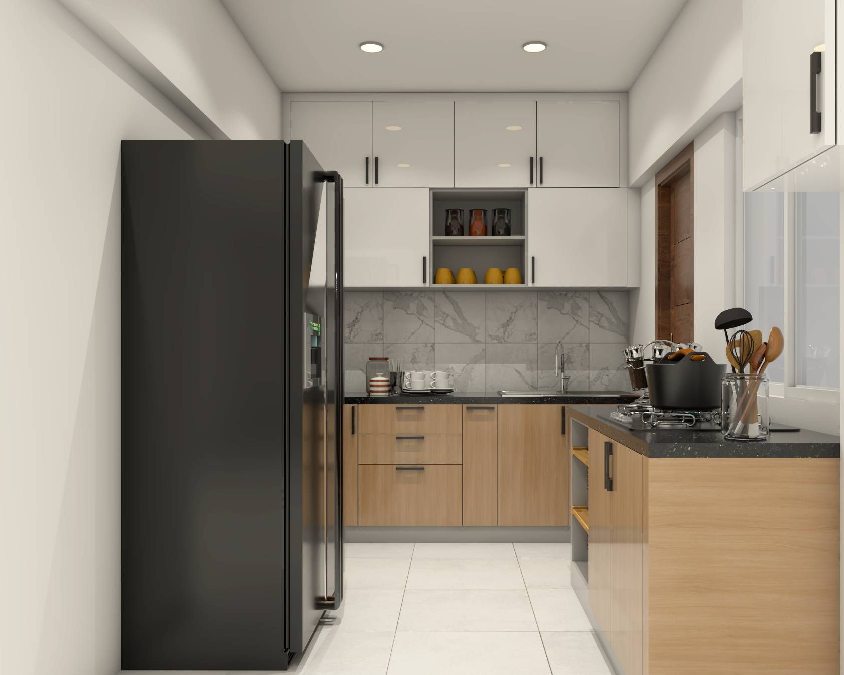 White And Brown L-Shaped Kitchen Design
