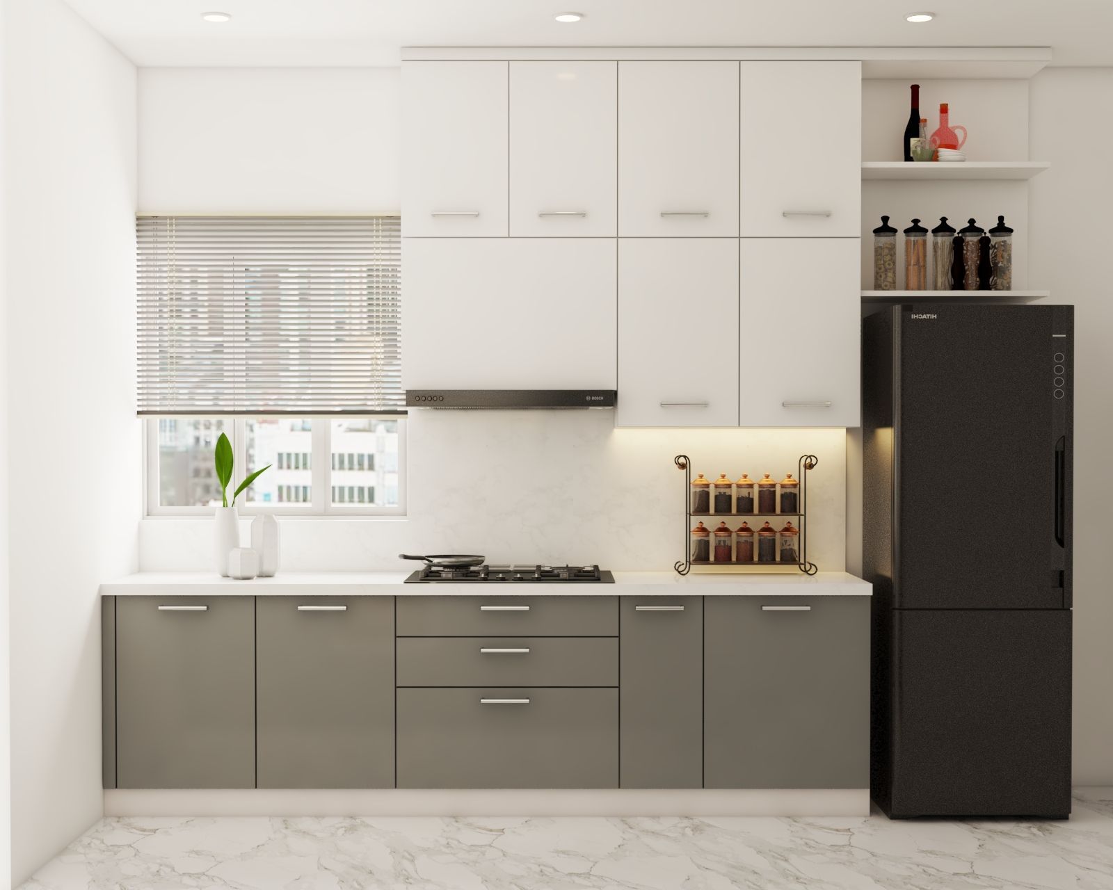 Modern Modular Parallel Kitchen Design With A Marble Countertop