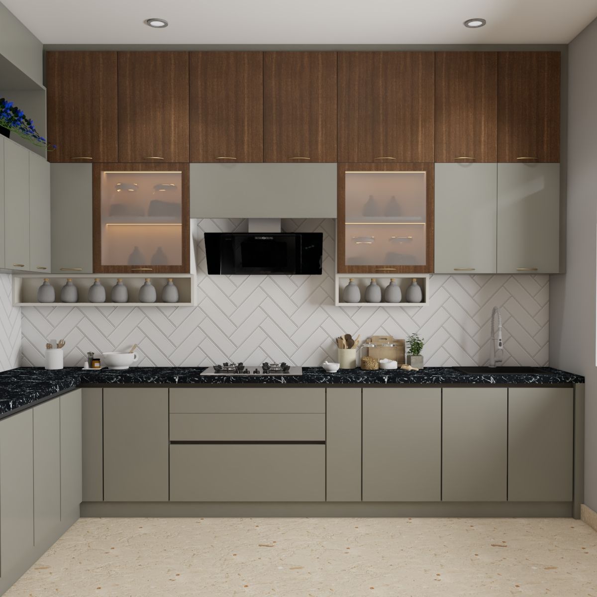 Modern L-Shaped Dove Grey And Wood Modular Kitchen Design