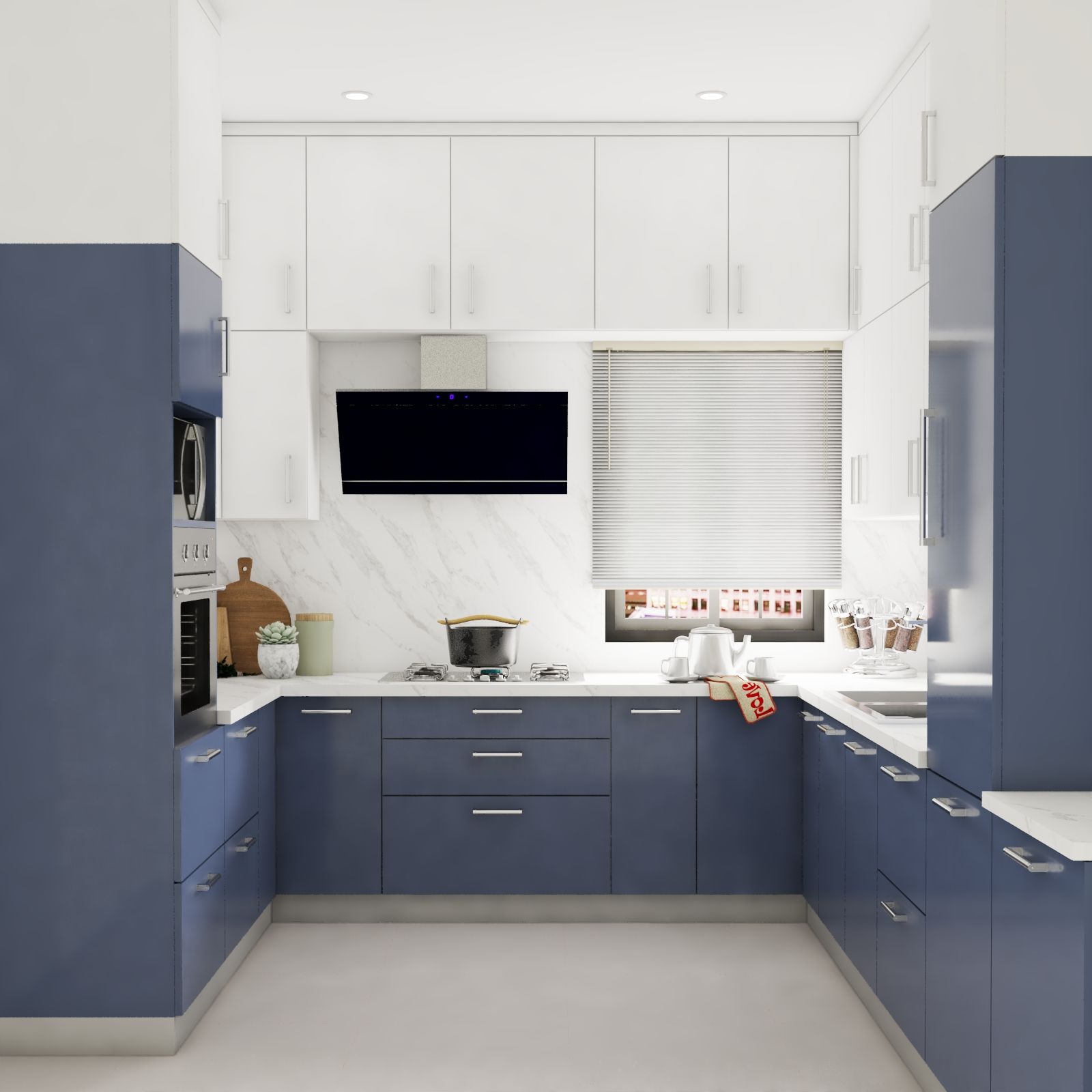 Modern U-Shaped Kitchen Design In Blue And White