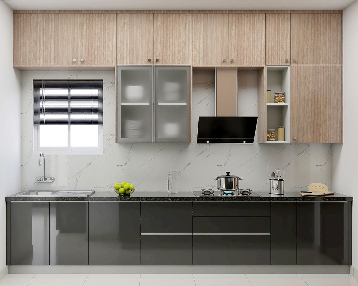 Spacious Kitchen Design With White Marble Dado Tiles | Livspace