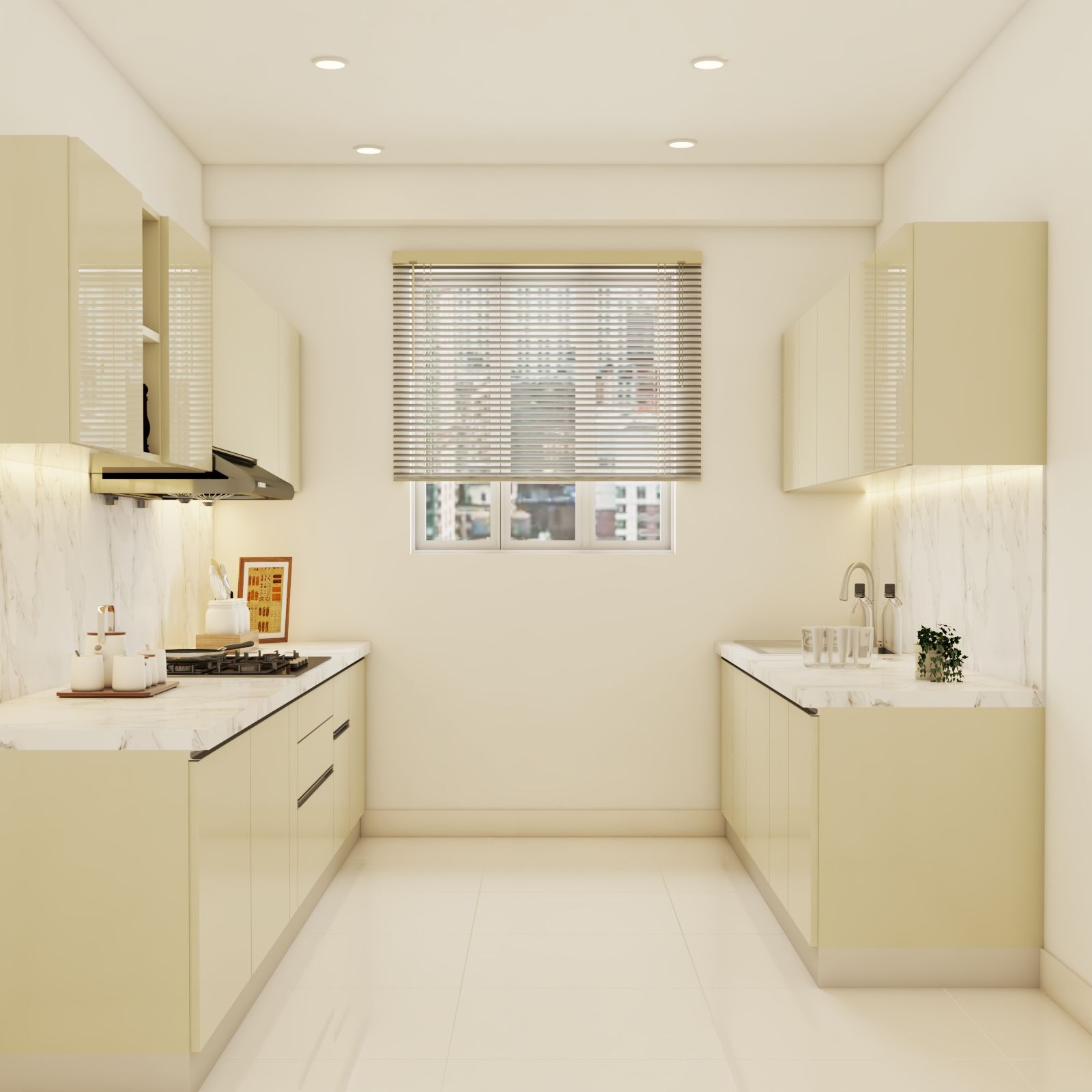 Contemporary Parallel Kitchen Design With Cream Cabinets