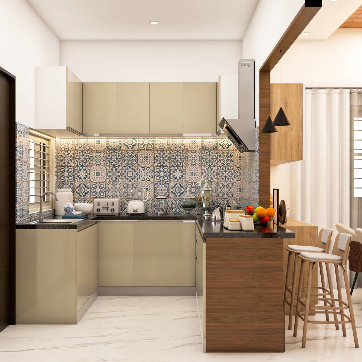 Modern U-Shaped Kitchen Design With A Breakfast Counter