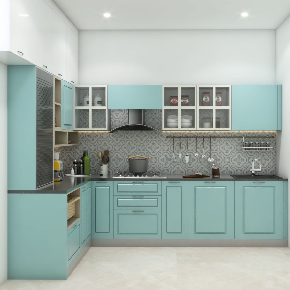 Modern Modular L-Shaped Blue And White Kitchen Design