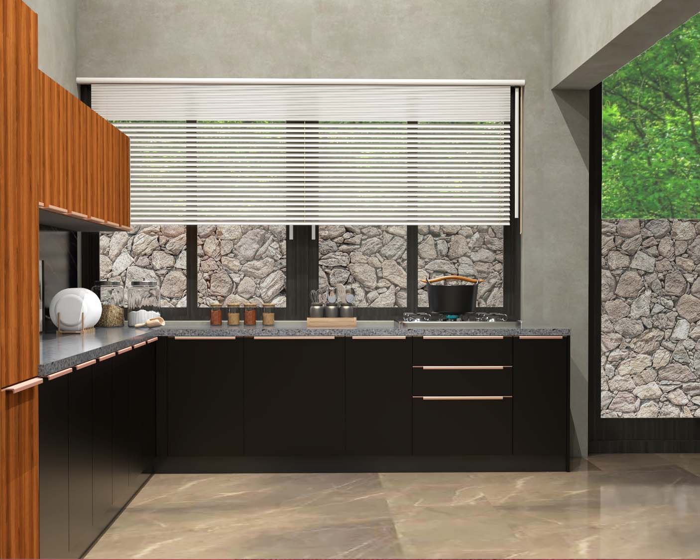 Modern L-Shaped Modular Kitchen Design With Teak Walls