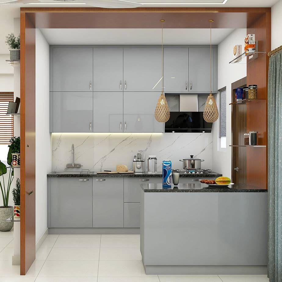 Contemporary L-Shaped Kitchen Cabinet Design In Grey
