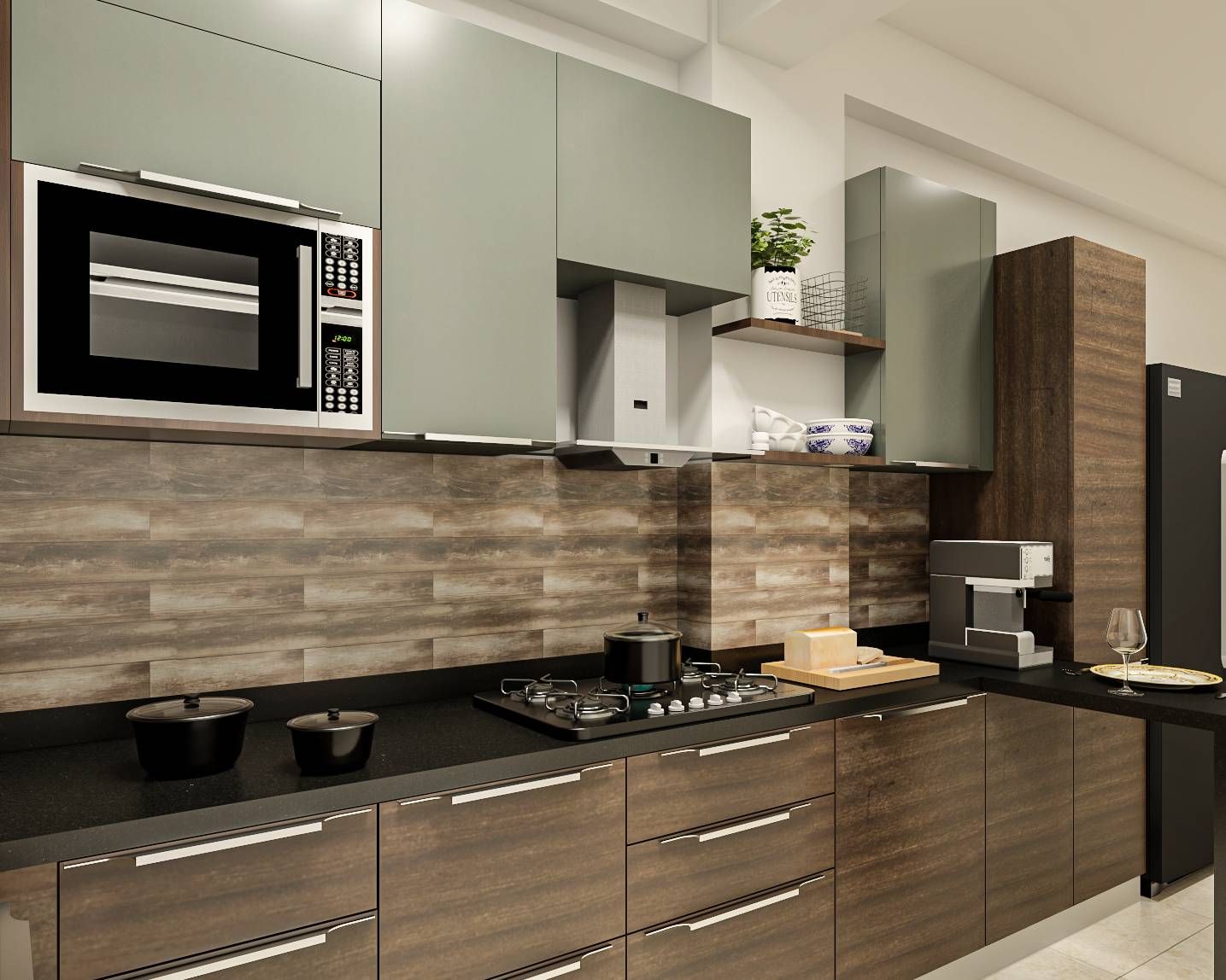 Modern U-Shaped Kitchen Design In Wood And Grey