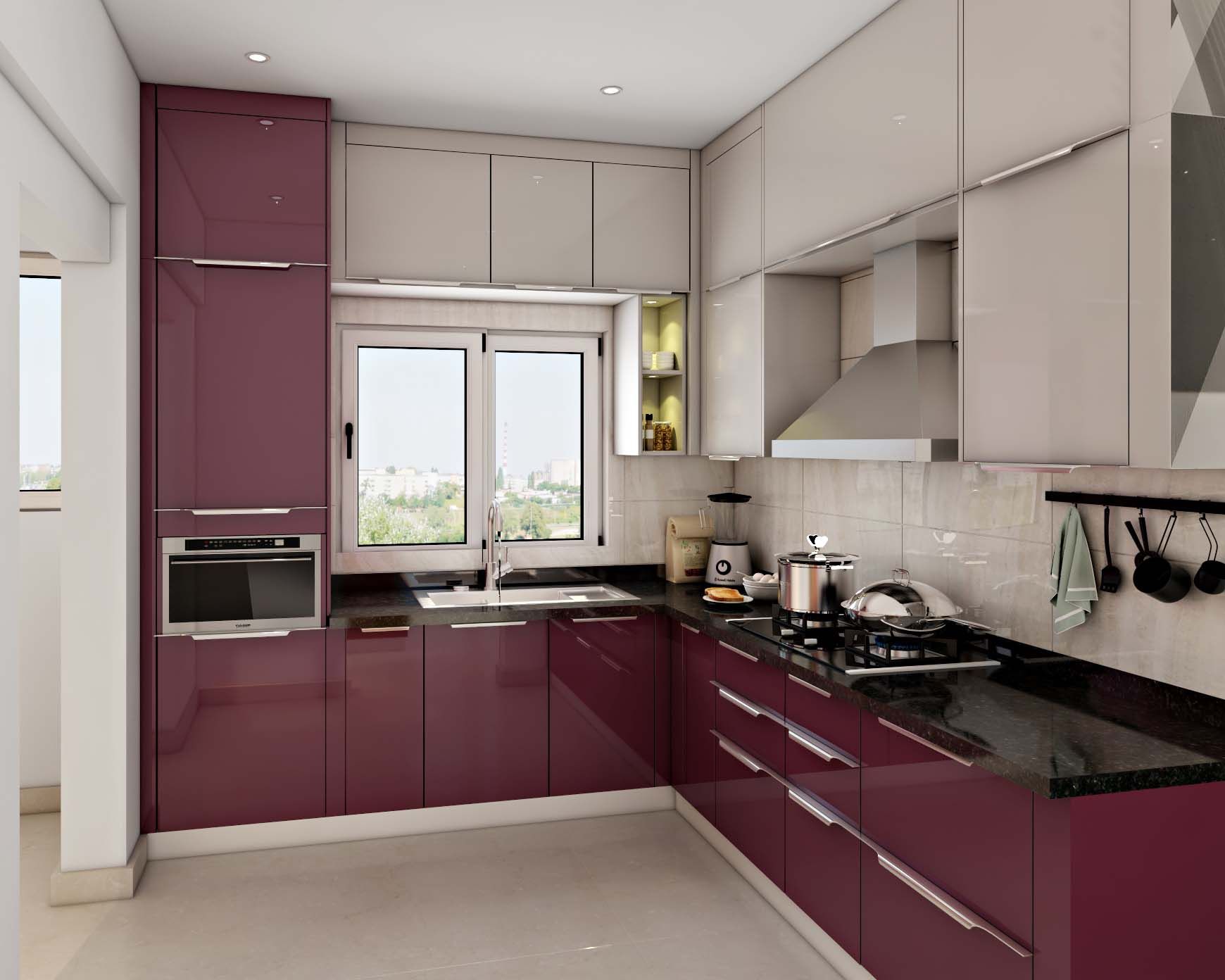 Contemporary L-Shaped Modular Kitchen Design With Beige Wall Unit