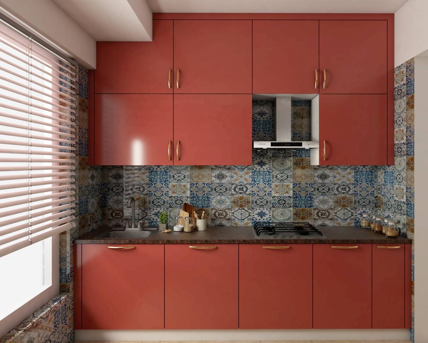 Modern Parallel Red Kitchen Design With Patterned Dado Tiles