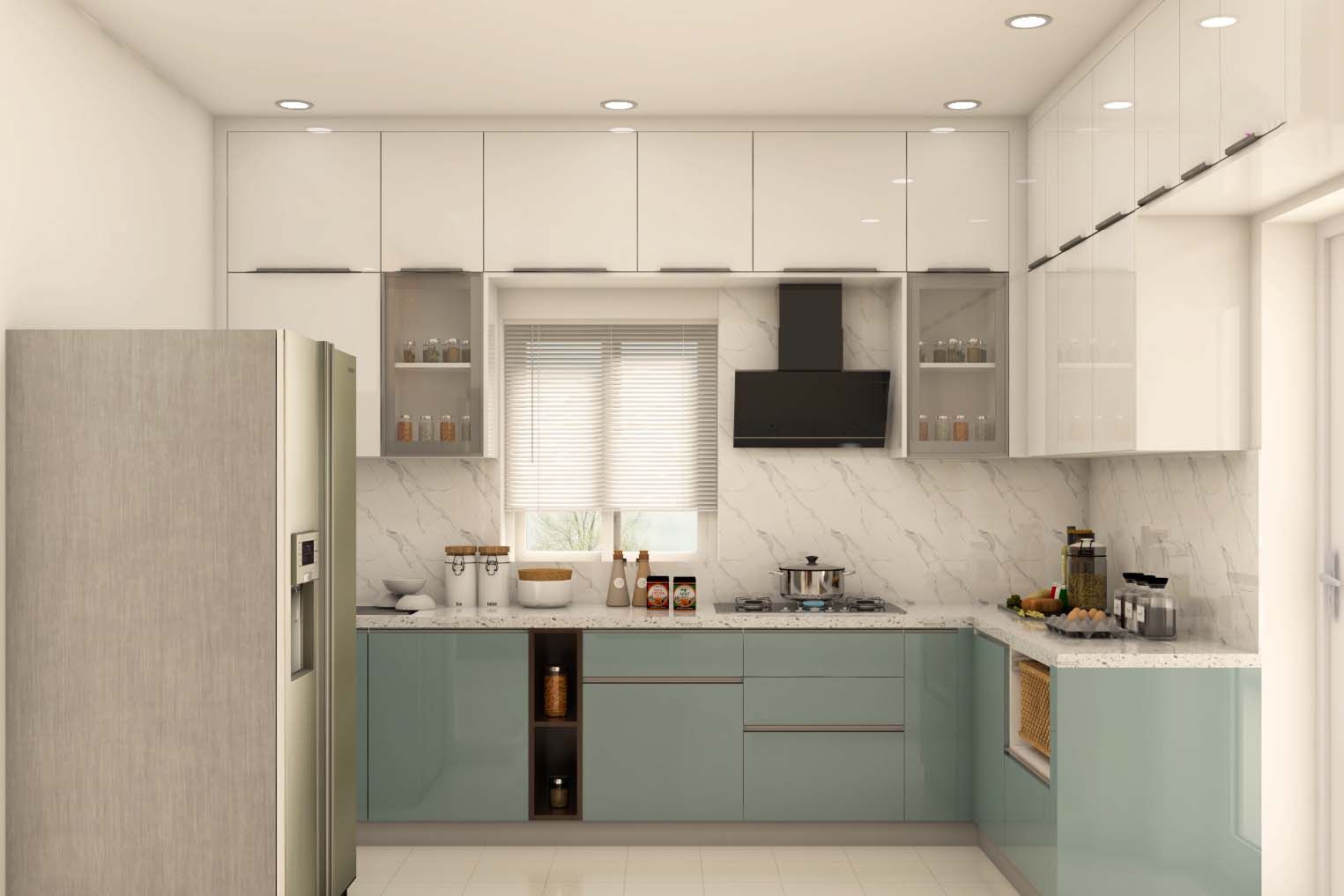 Contemporary Modular Compact Kitchen Design With White And Grey Marble