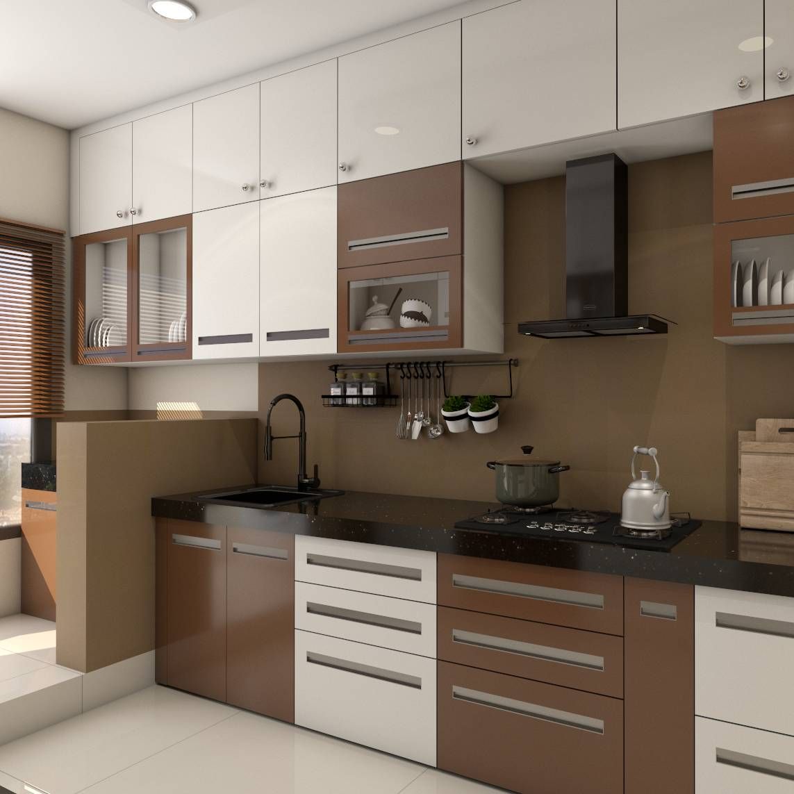 Modern Brown And White Parallel Kitchen Design With Wall Units