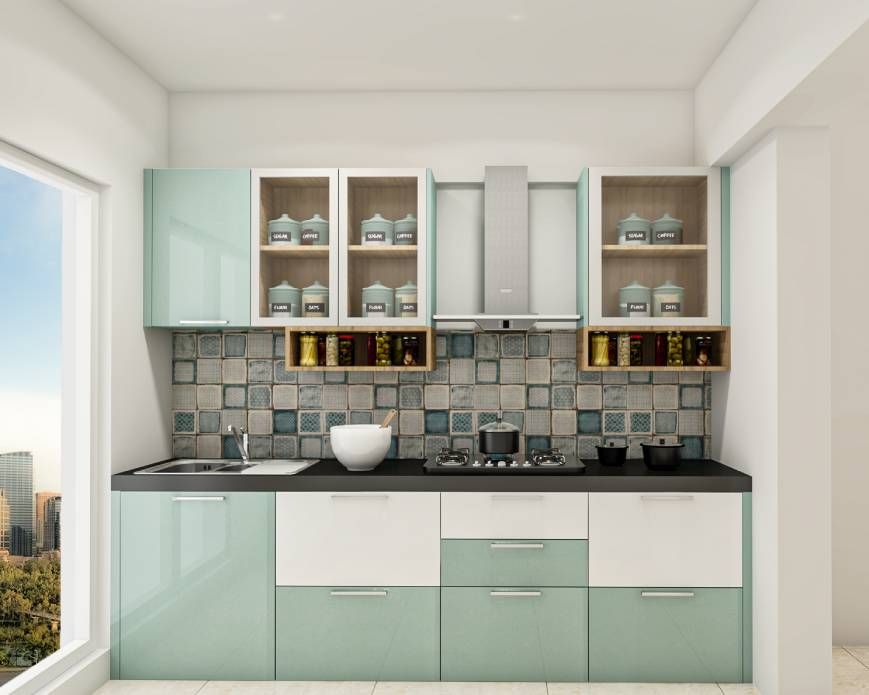Modern Parallel Kitchen Design With White And Blue Cabinets