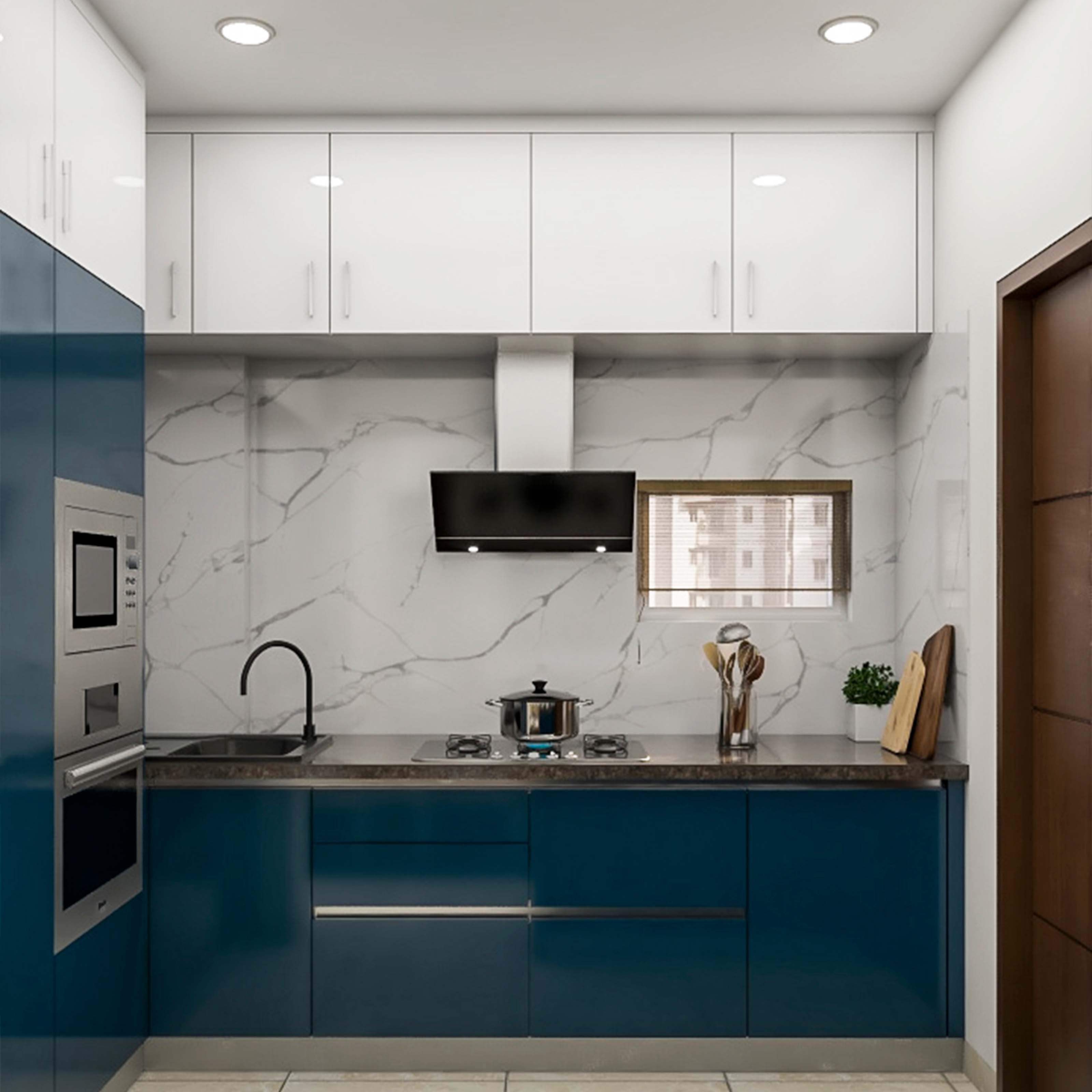 Contemporary L-Shaped Kitchen Design With Tall Appliance Unit