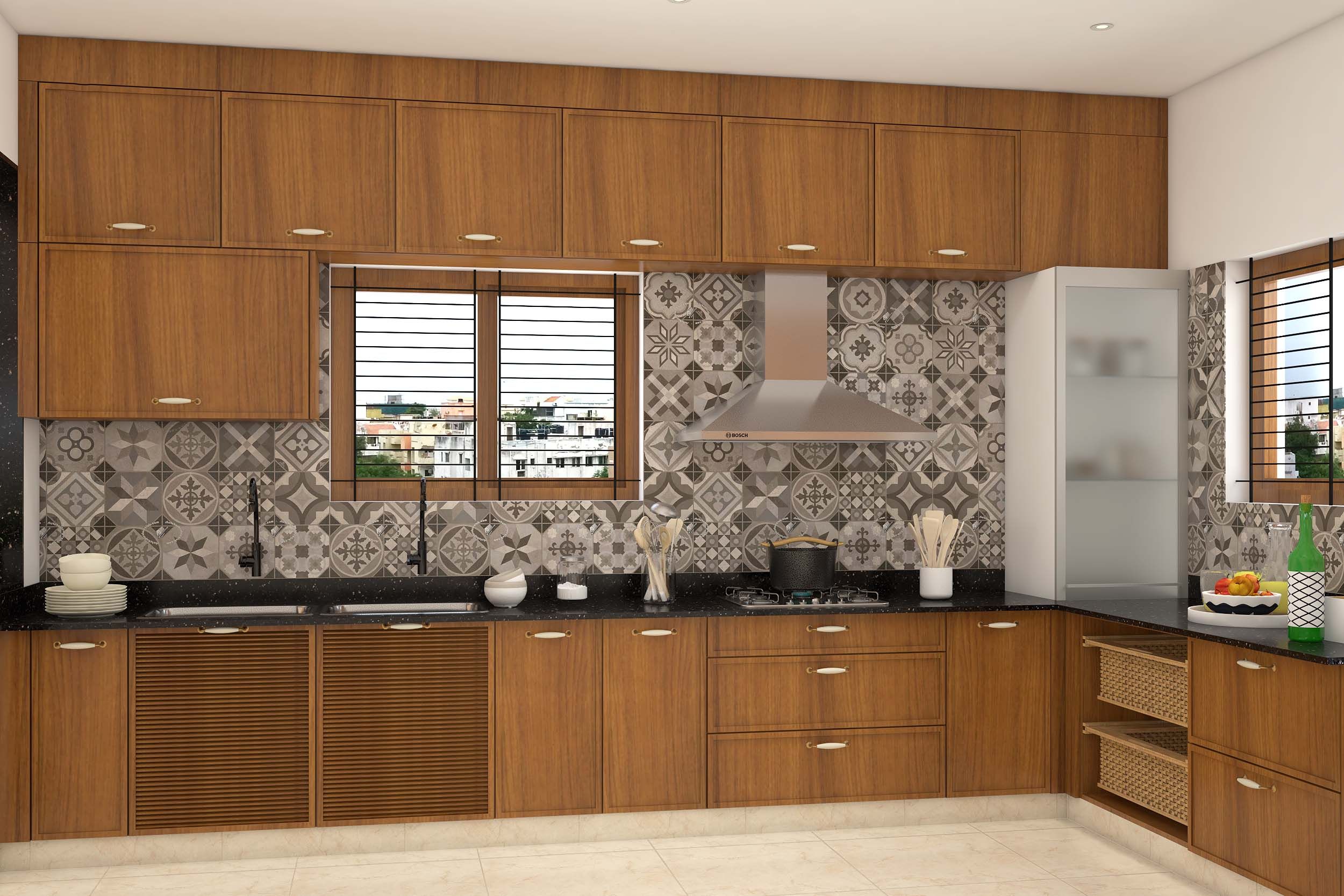 walnut-toned modular kitchen design | livspace