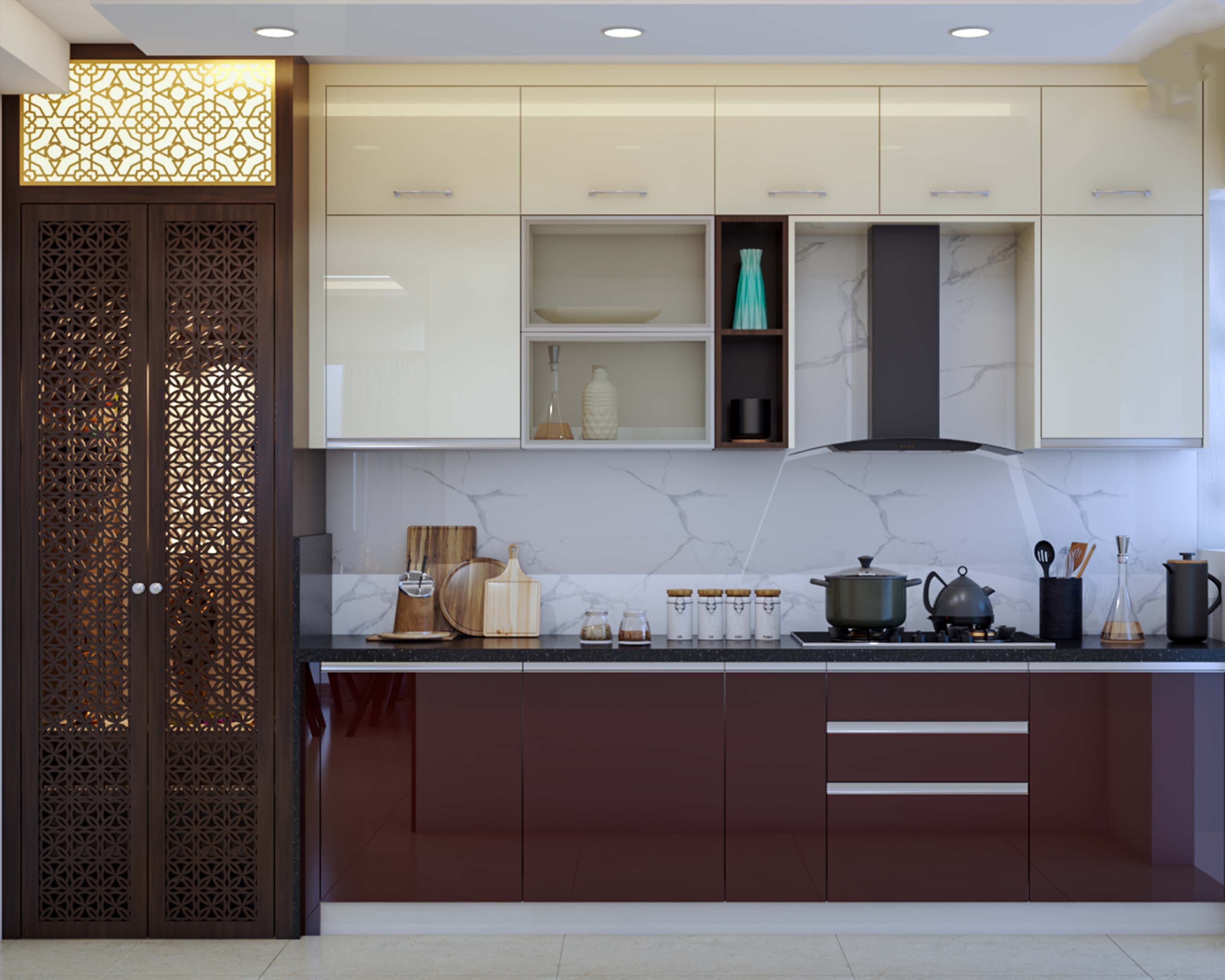 Contemporary Modular Open Kitchen Design With Cream And Maroon Cabinets