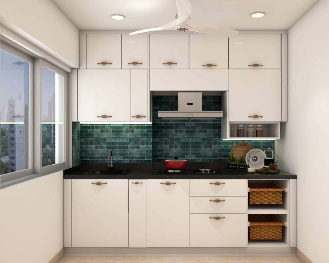 Contemporary White Parallel Kitchen Design With Sea Green Dado Tiles