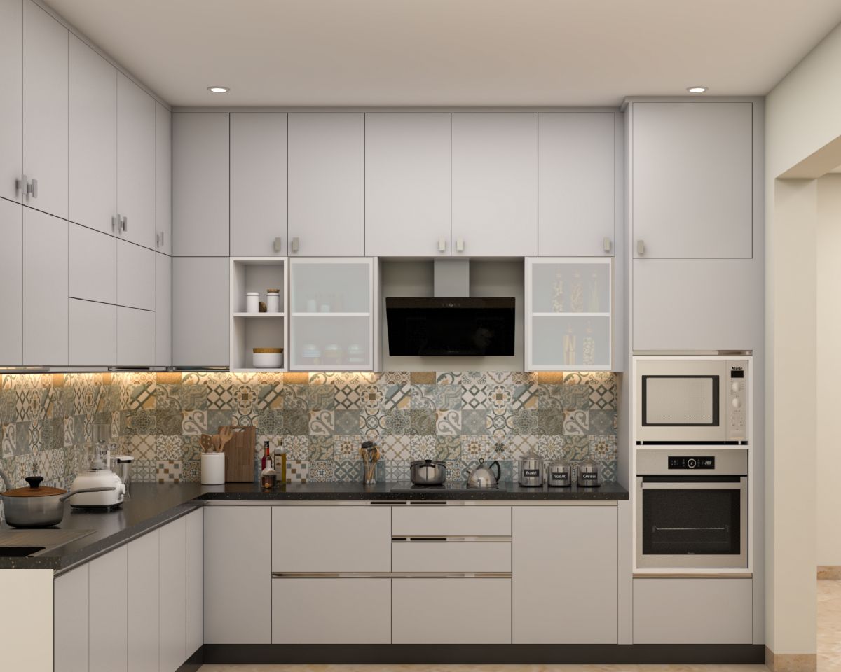 Modern L-Shaped Kitchen Design With Patterned Dado Tiles