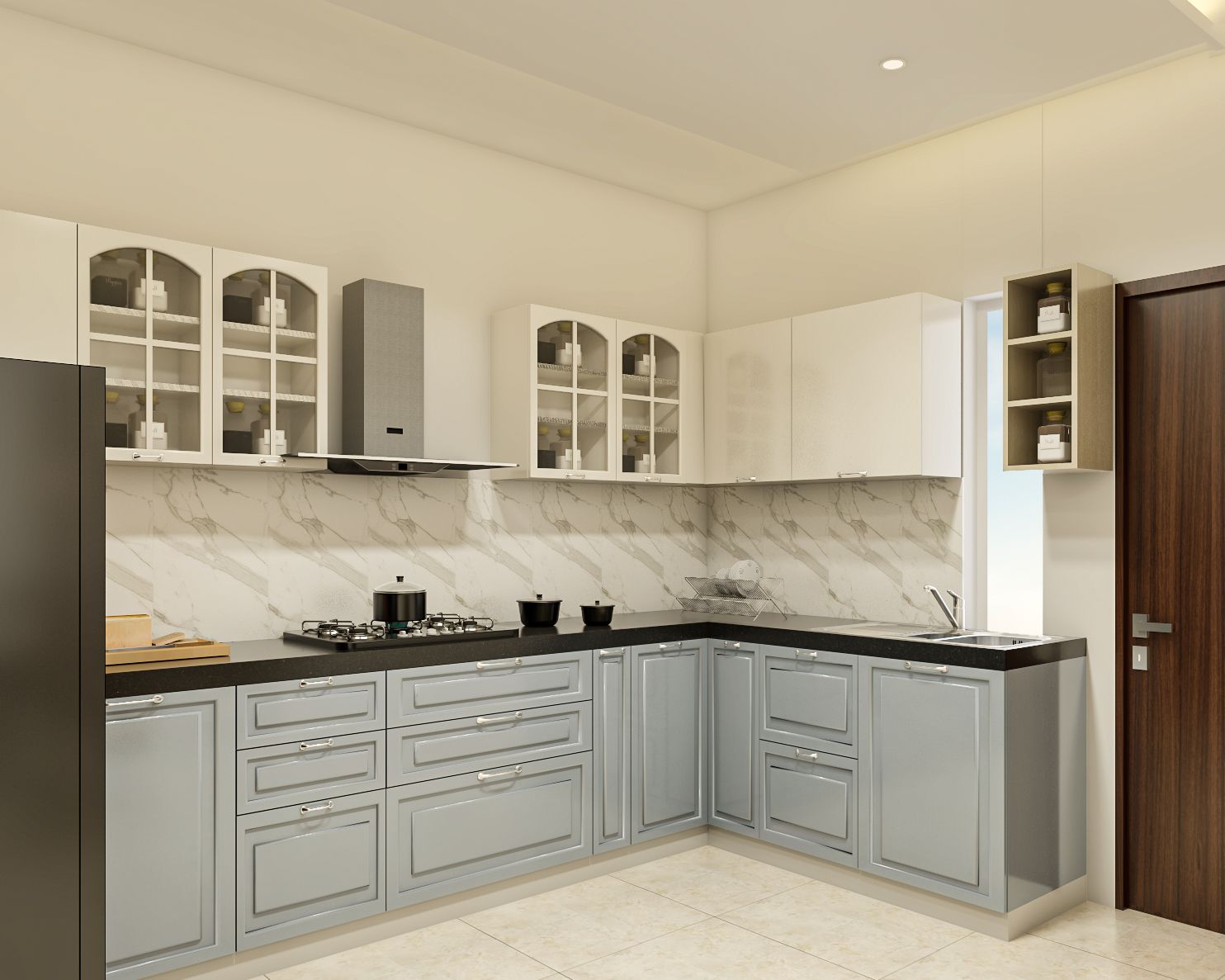 Contemporary L-Shaped Kitchen Design With Wall-Mounted Storage