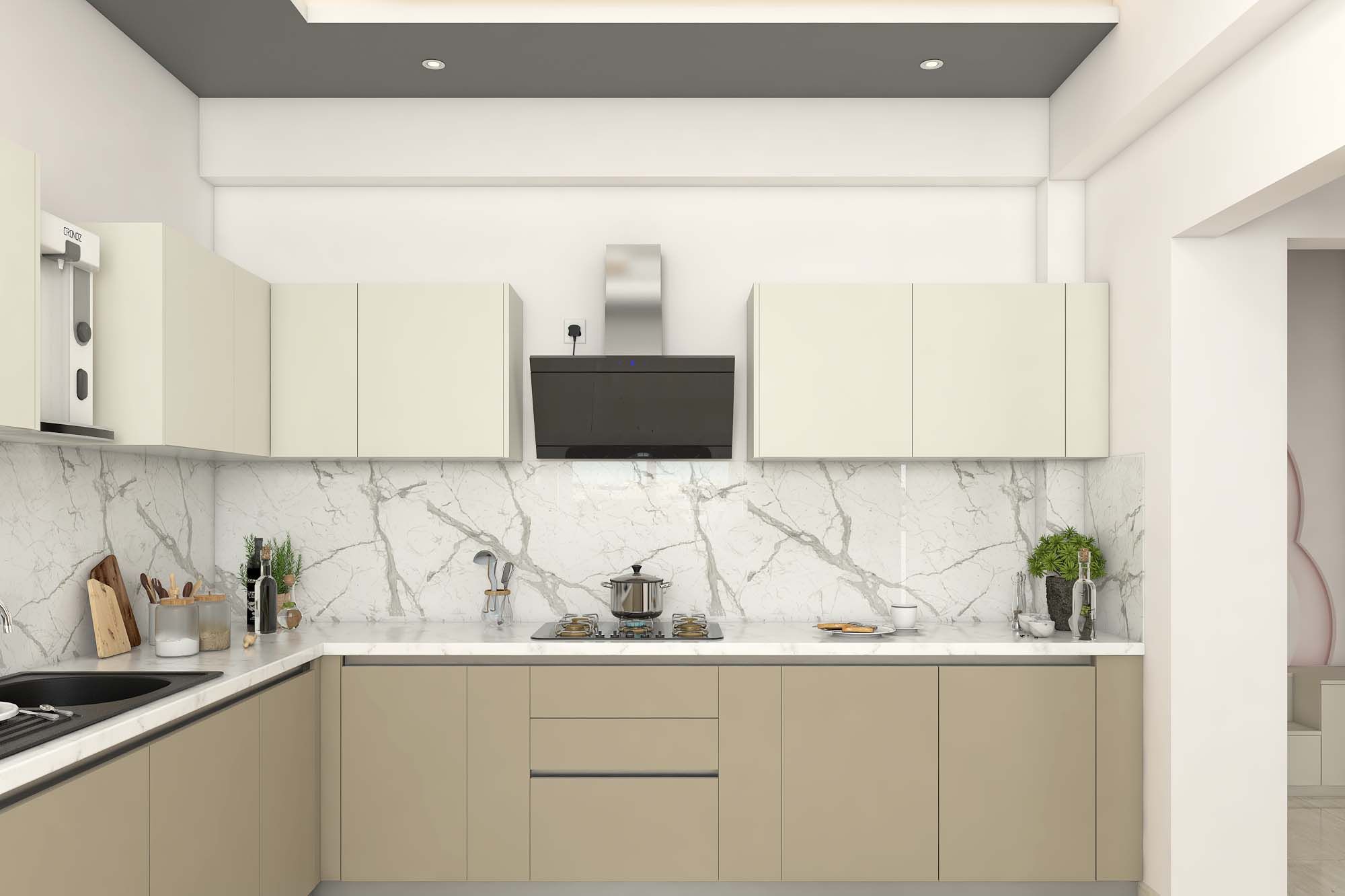 Contemporary U-Shaped Modular Kitchen Design In Beige And White