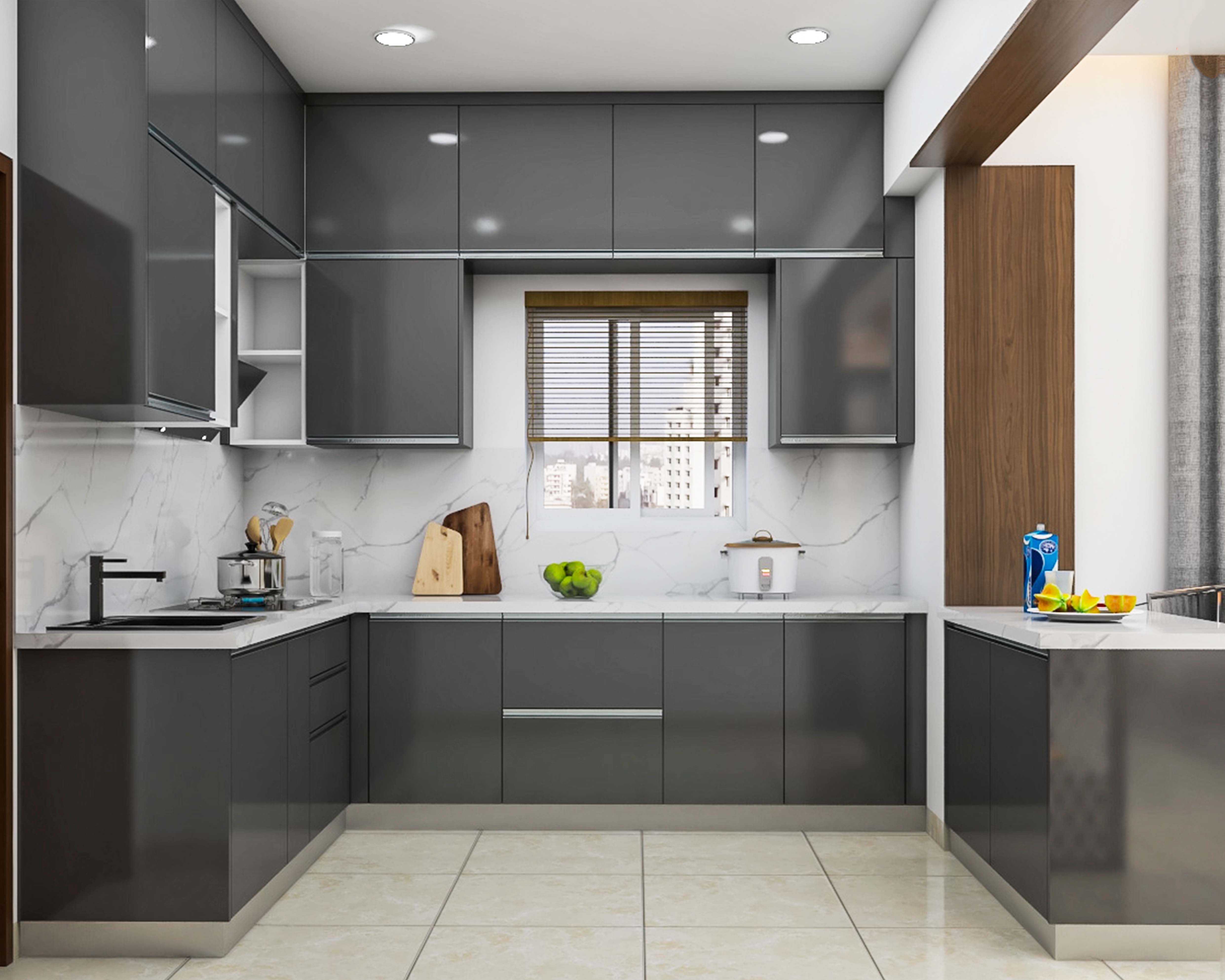 Modern Black Indian Kitchen Design With L-Shaped Layout
