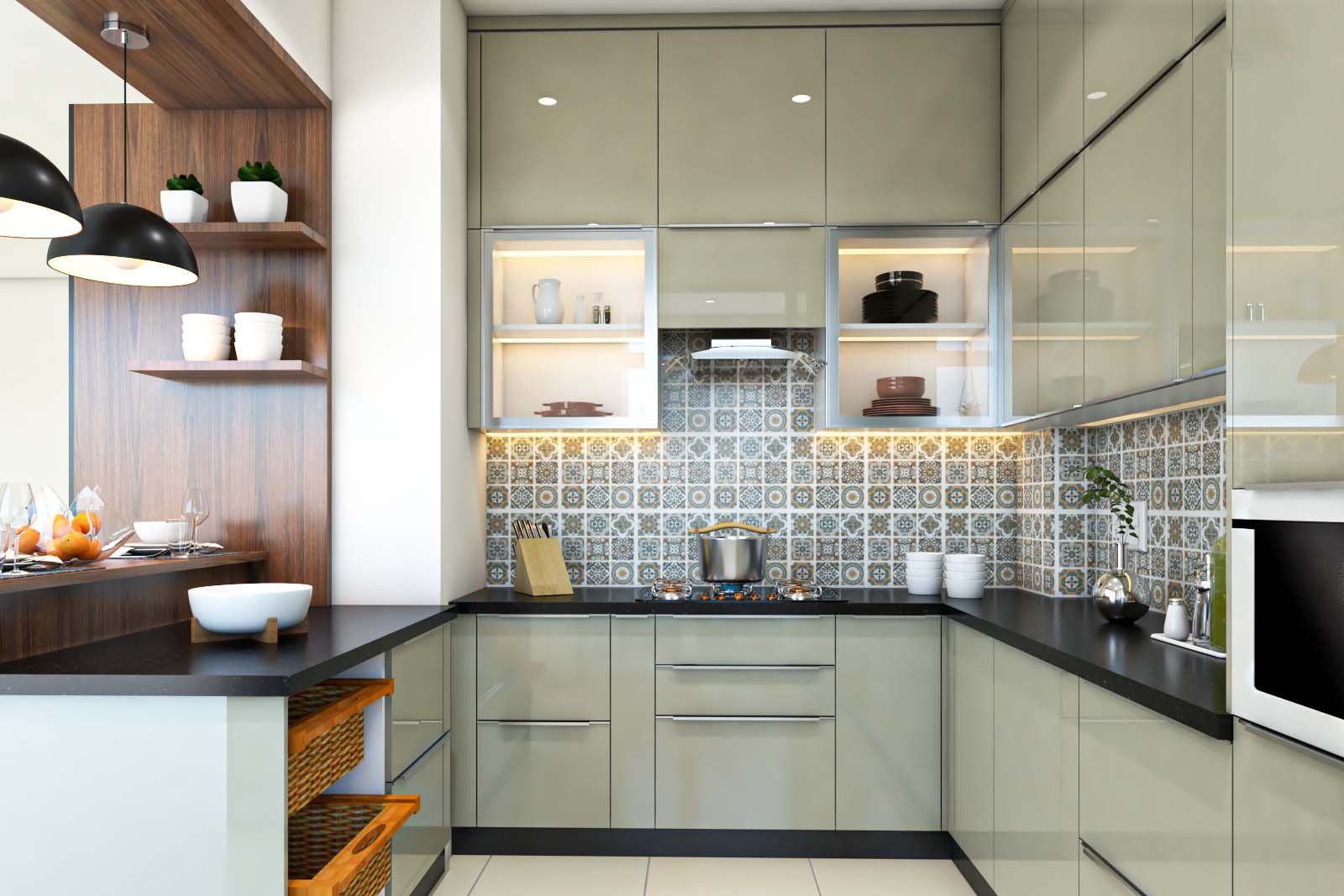 Modern Modular Indian Kitchen Design With Metallic Beige Cabinets