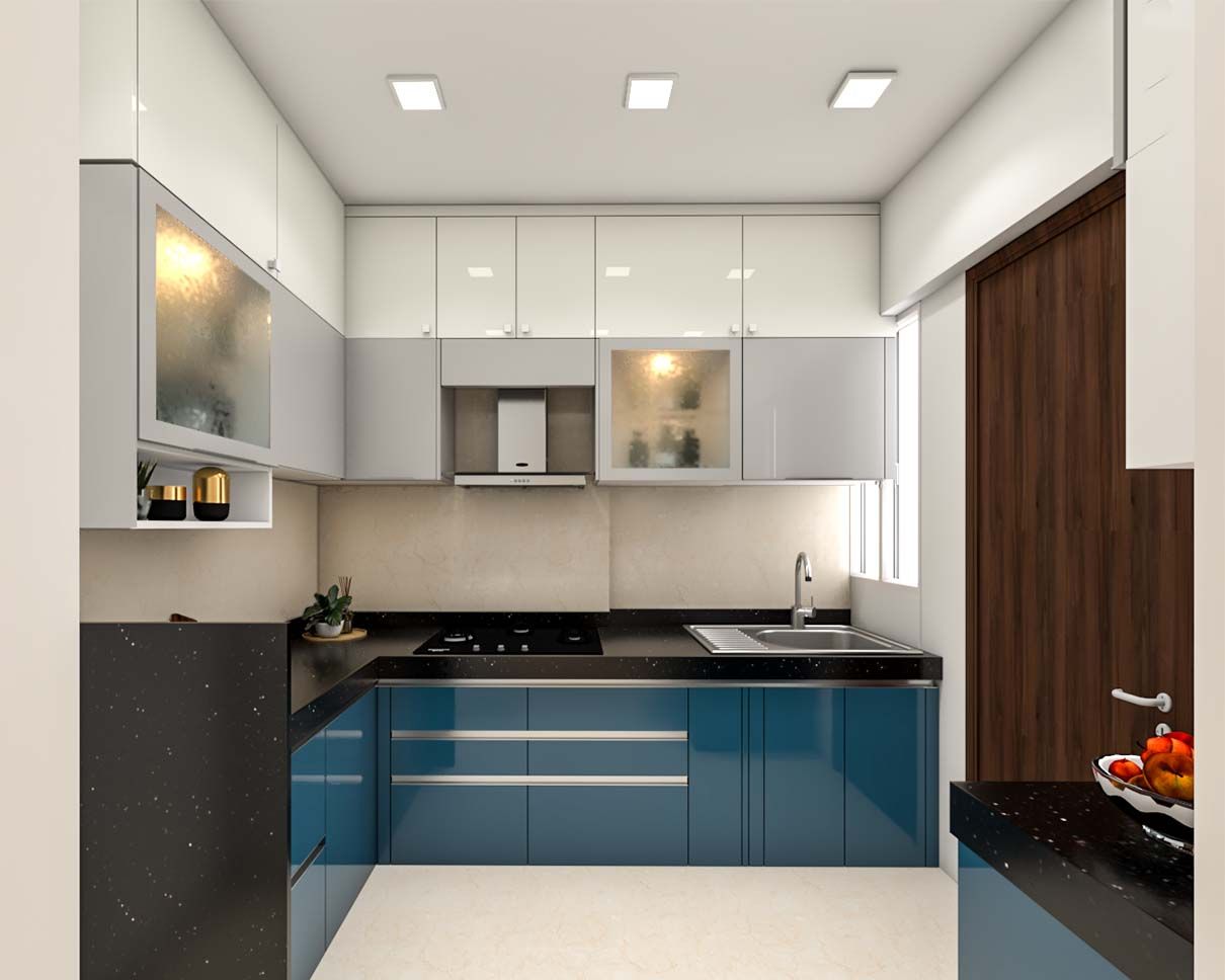 Modern L-Shaped Turquoise And White Modular Kitchen Design