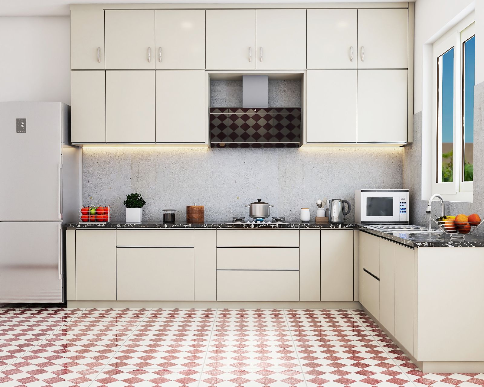 Modern L-Shaped Kitchen Design With Red And White Flooring