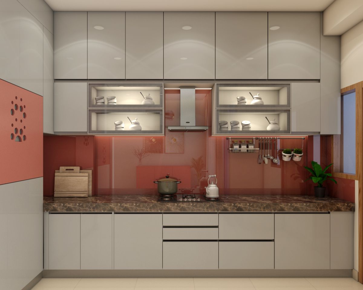 Modern Grey L-Shaped Kitchen Design With Red Lacquered Glass
