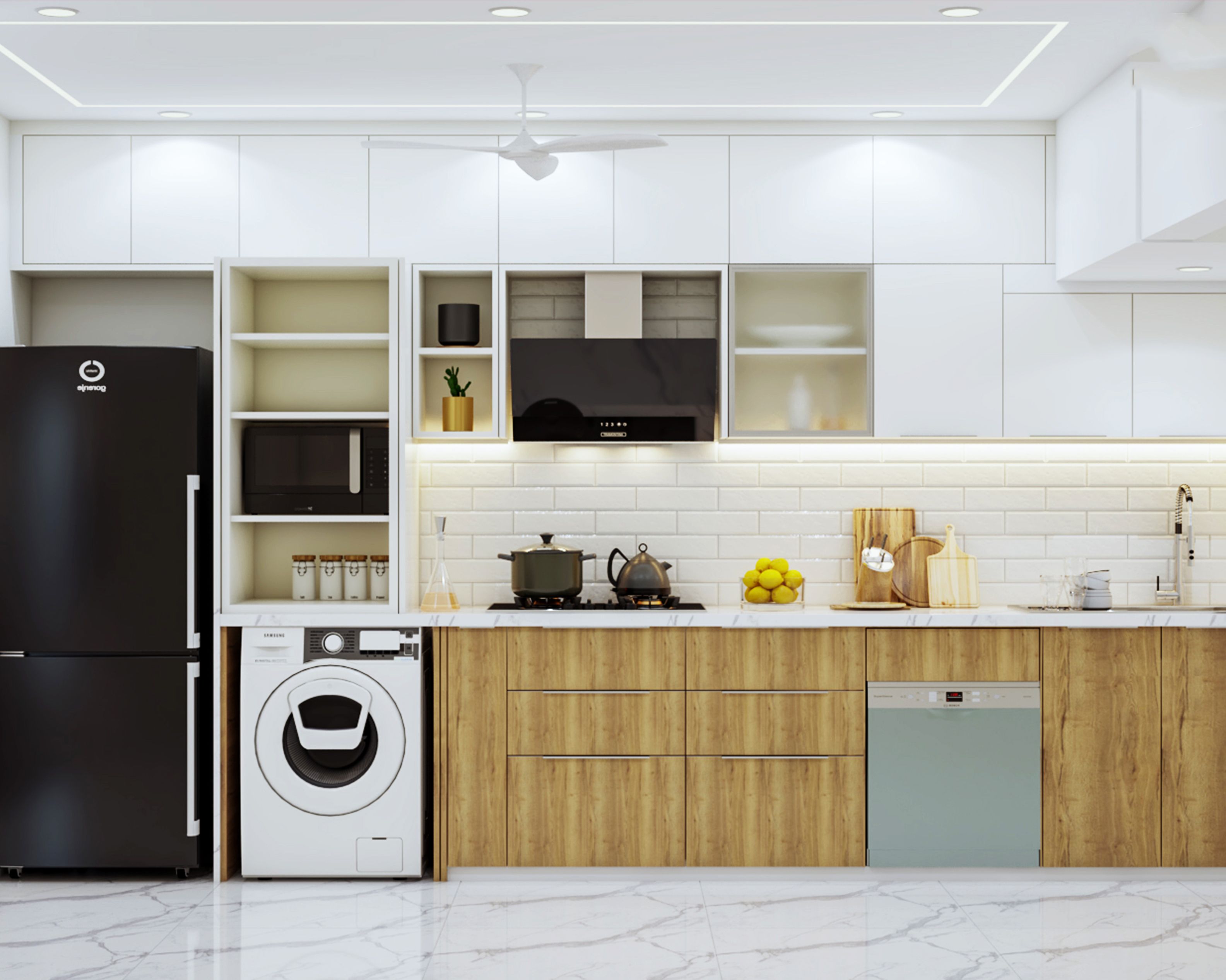 Contemporary Open Kitchen Design With Light Wooden Storage Units