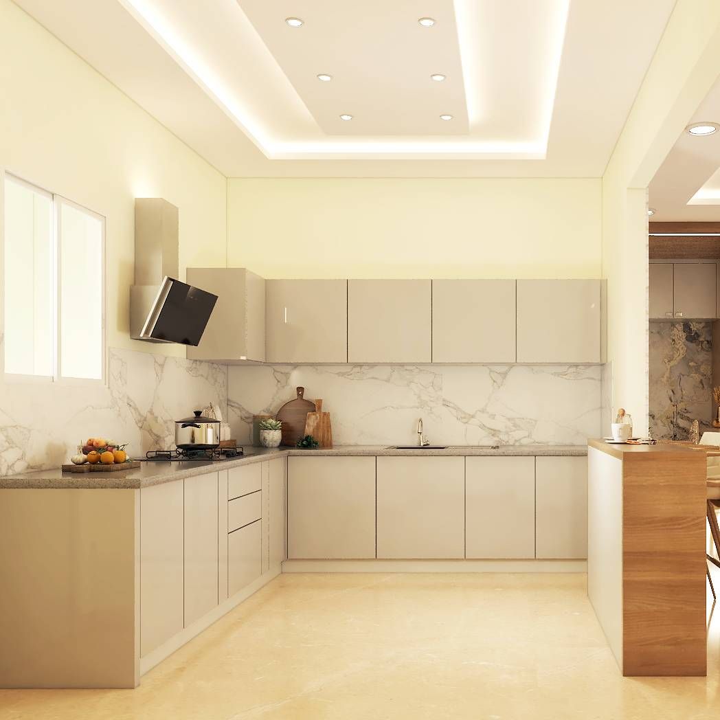Contemporary Kitchen Design With Wooden-Finish Breakfast Counter