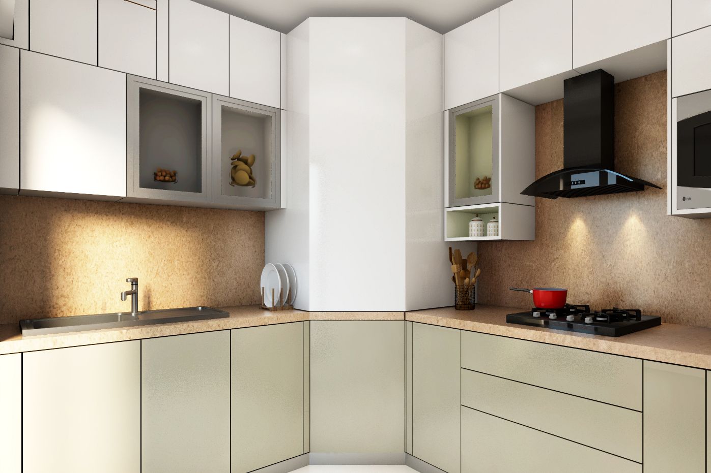 Contemporary L-Shaped Kitchen Design With Cove Lighting