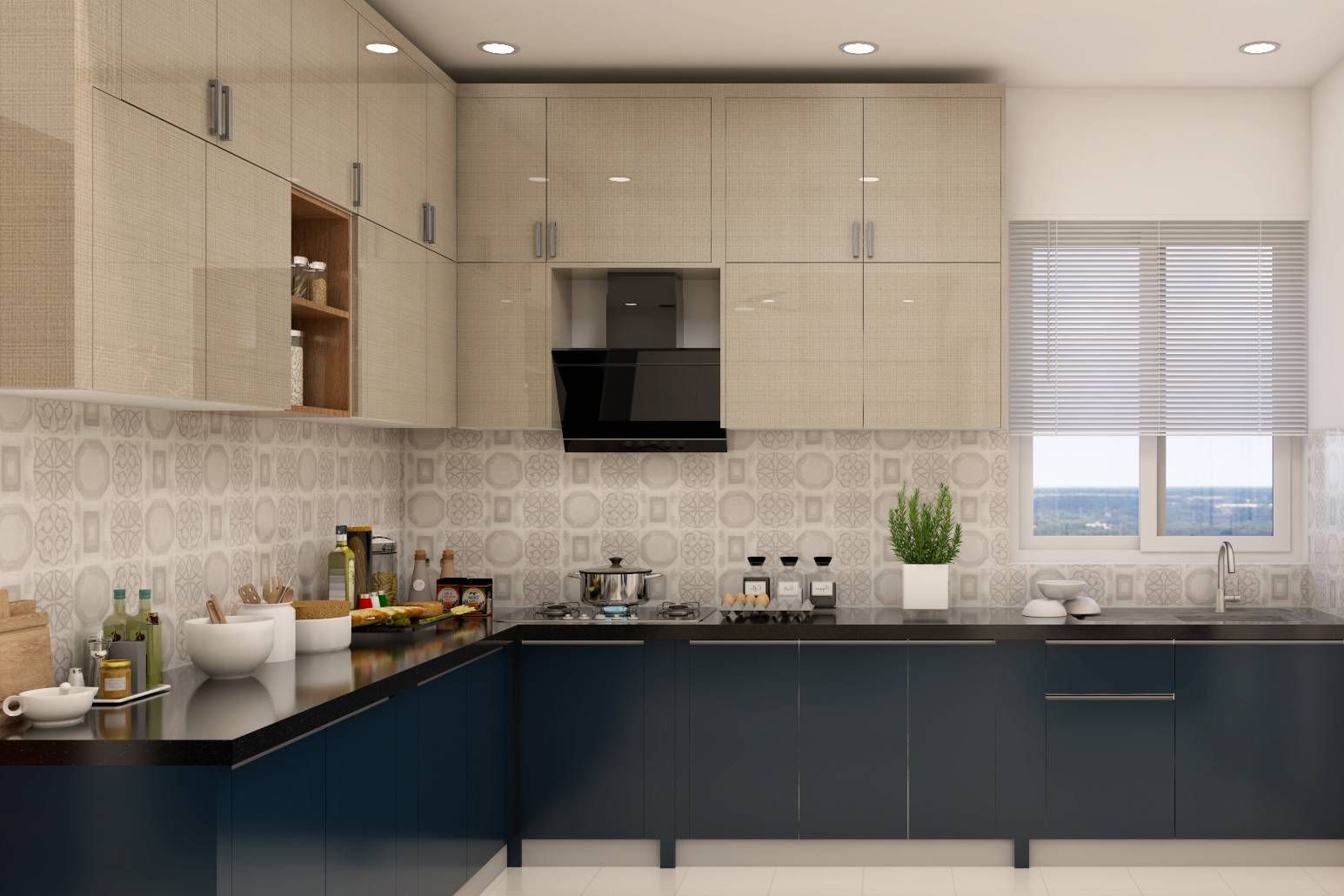 Contemporary L-Shaped Kitchen Design With Grey And White Dado Tiles