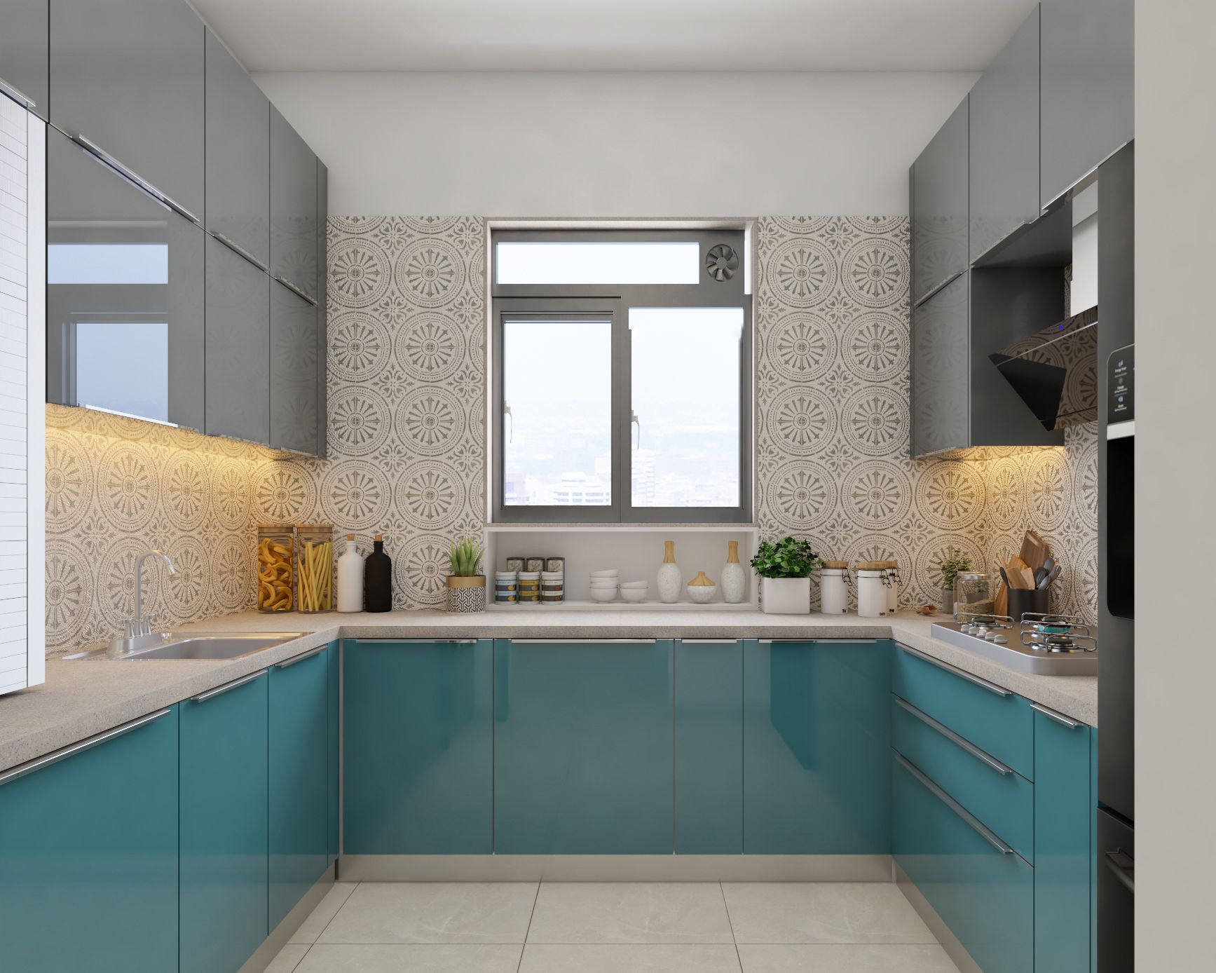 Modern U-Shaped Kitchen Design With Glossy Blue Storage Cabinets