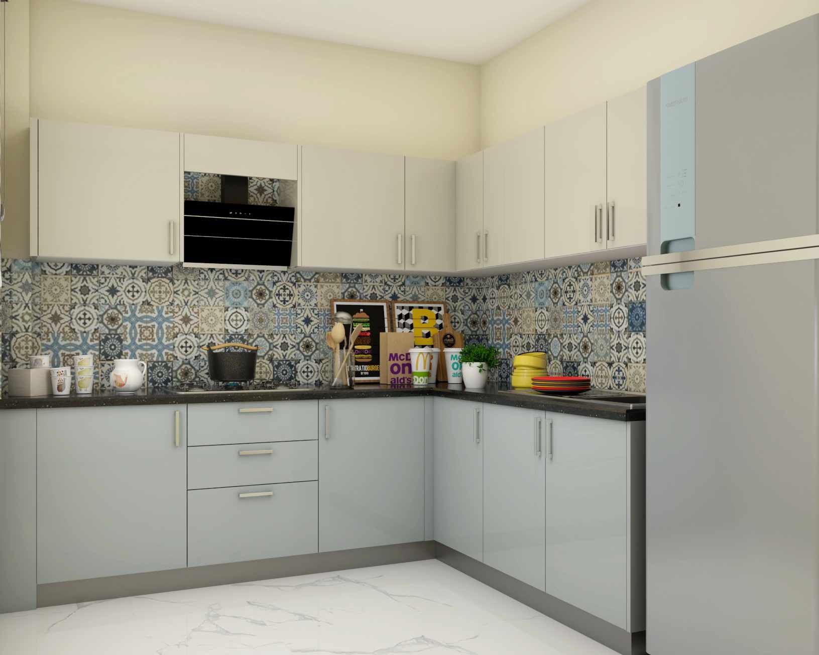 Compact Modular L-Shaped Kitchen Design With Colourful Dado Tiles