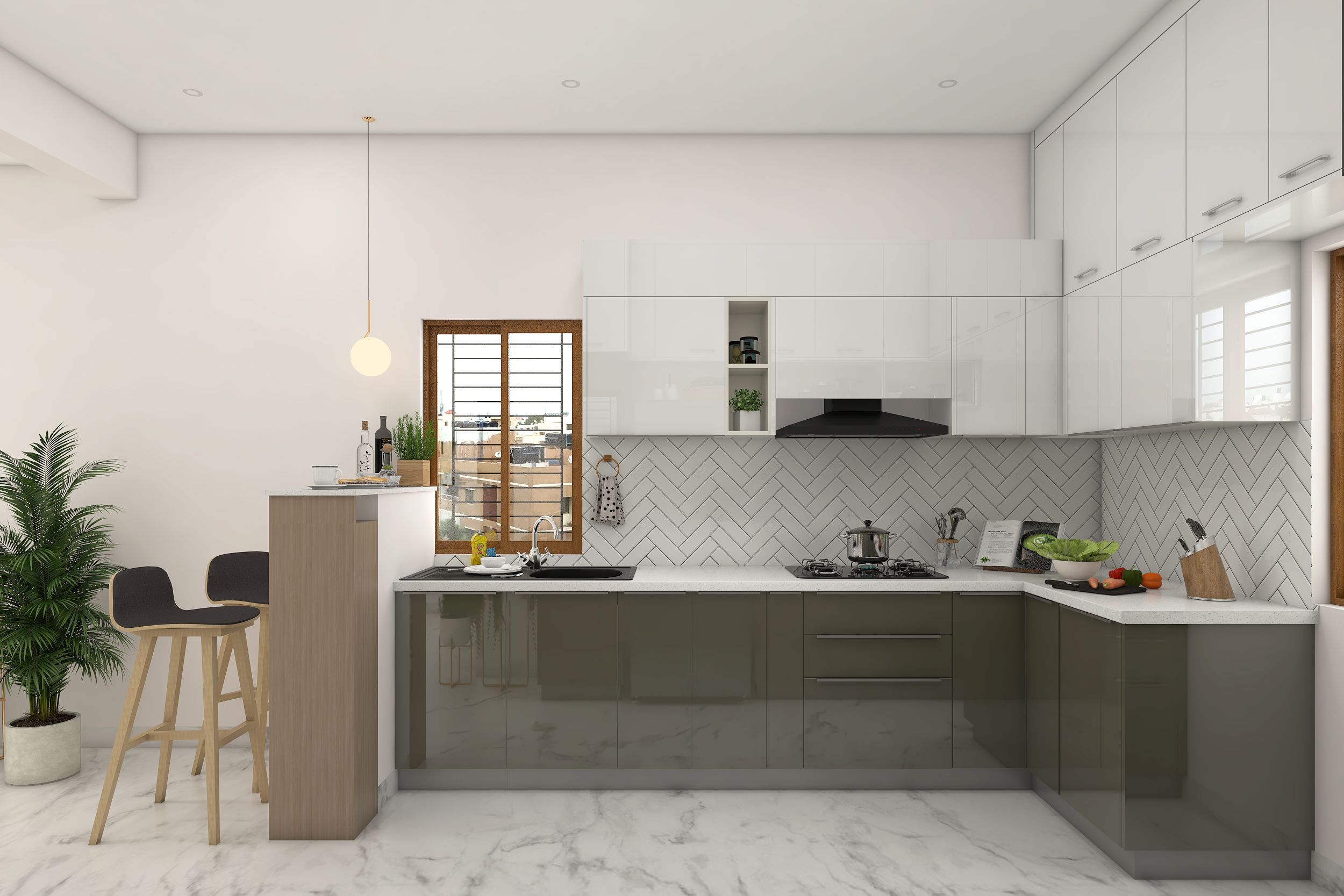 Contemporary Modular Grey And White L-Shaped Kitchen Design