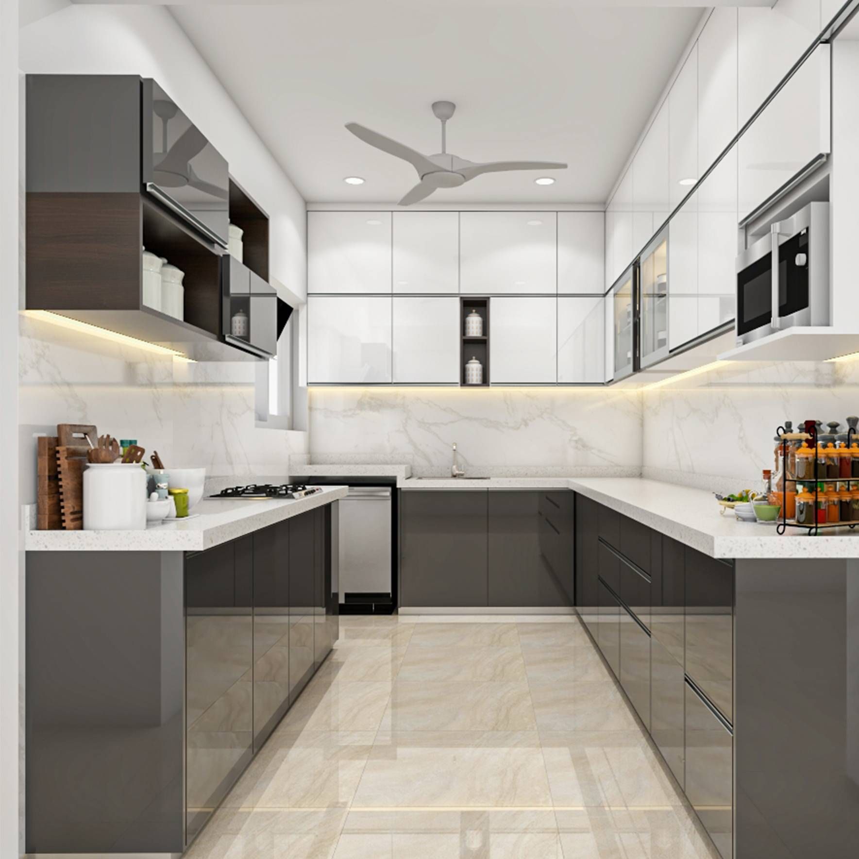Contemporary U-Shaped Parallel Kitchen Design With Under Cabinet Lighting