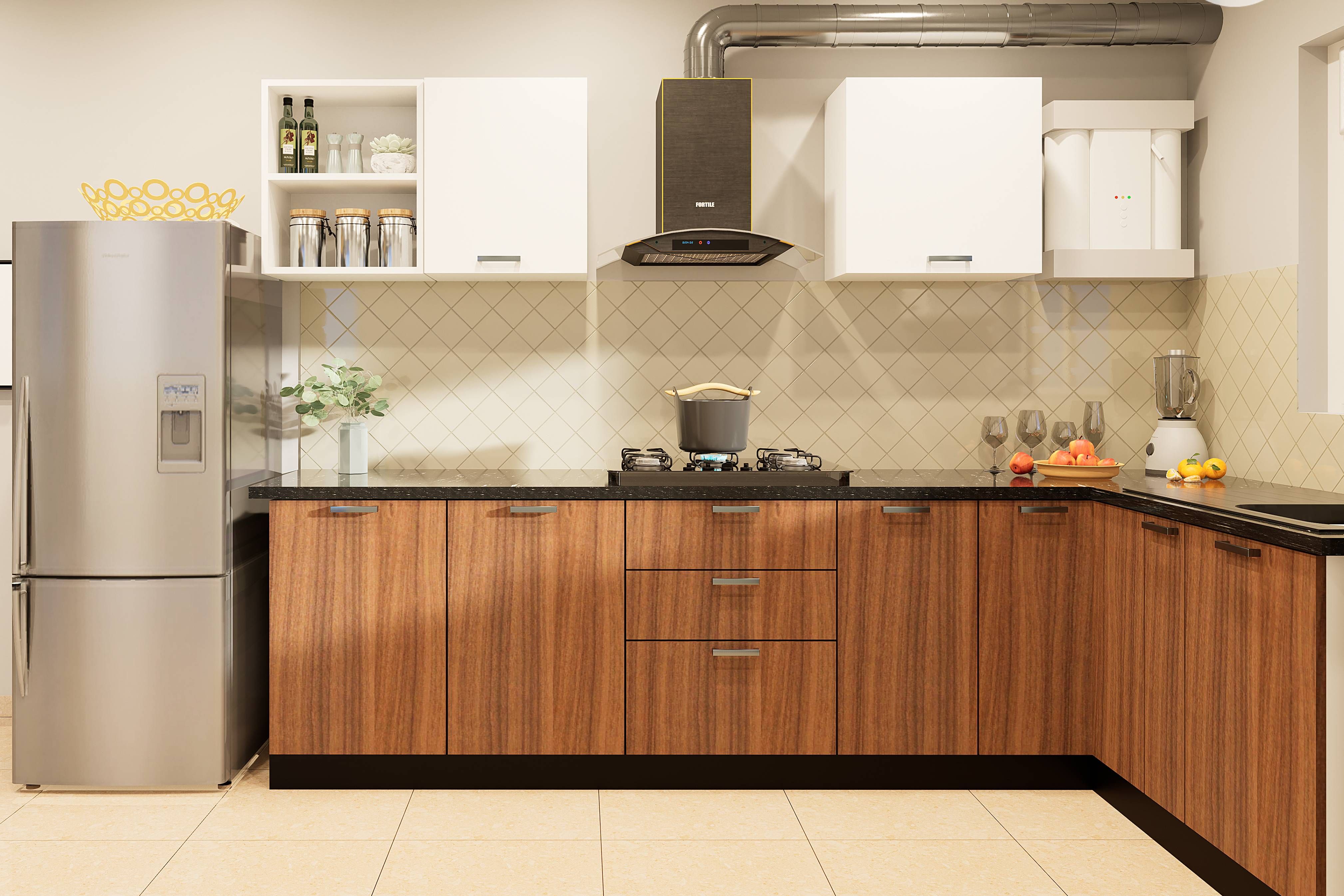 Contemporary L-Shaped Kitchen Design With Beige Dado Tiles