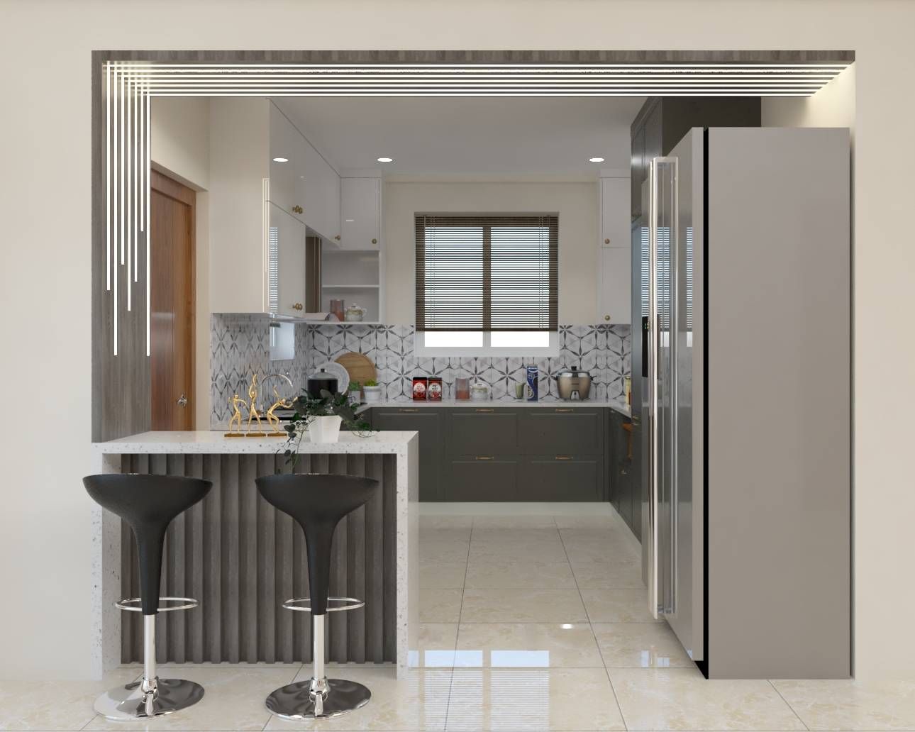 Modern U-Shaped Open Kitchen Design With LED Lights