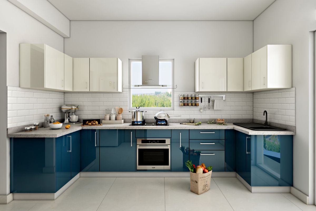 Modern U-Shaped Kitchen Design With White And Aqua Blue Storage Units