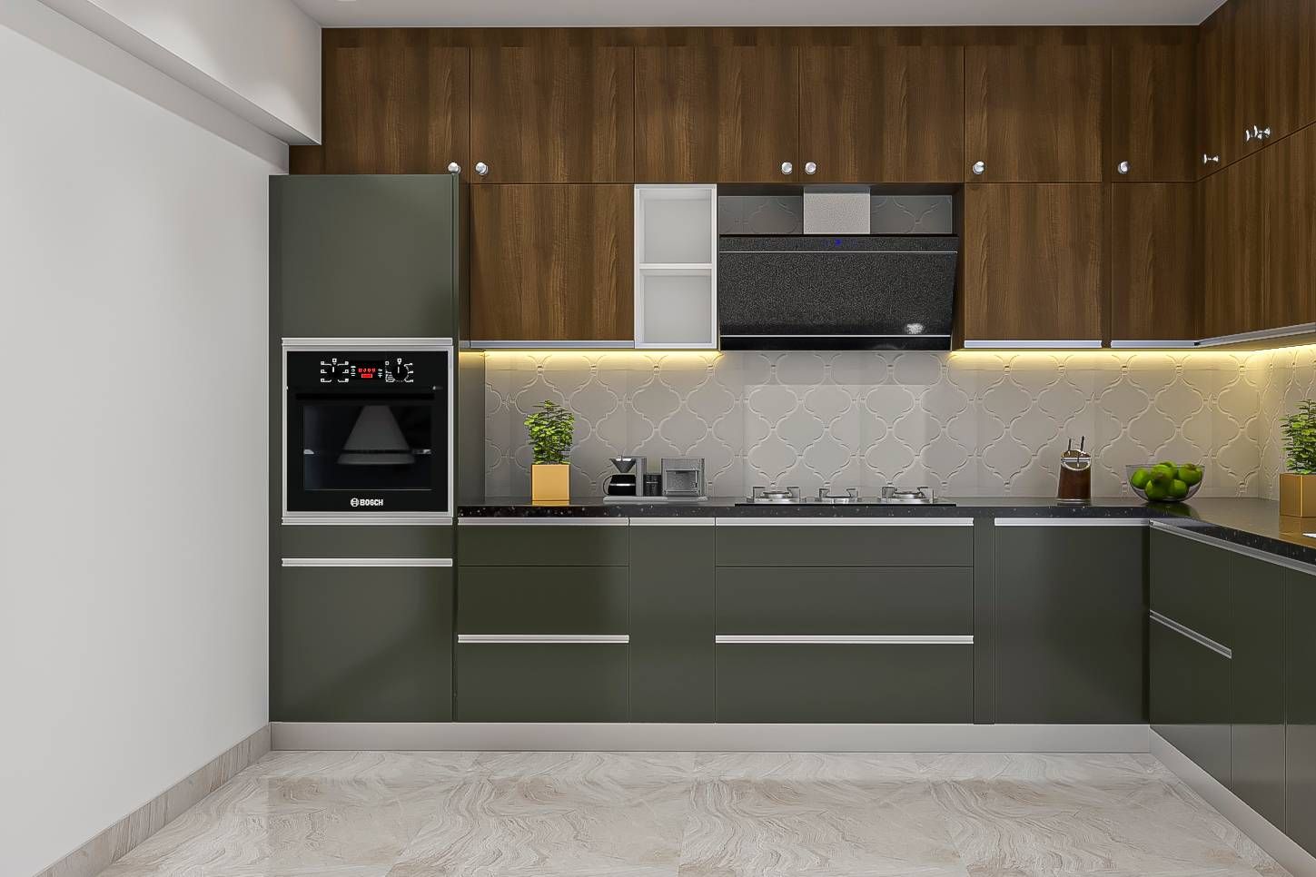 Contemporary L-Shaped Modular Kitchen Design In Gothic Grey And Brown