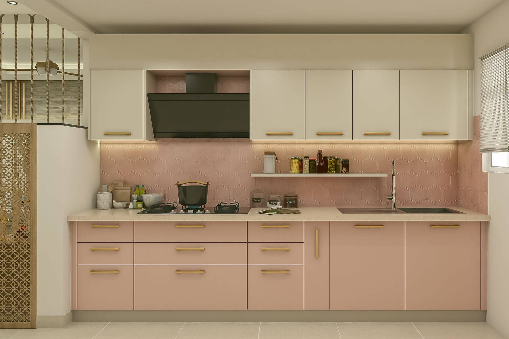 Modern Parallel Kitchen Design With Pink And Cream Storage Units