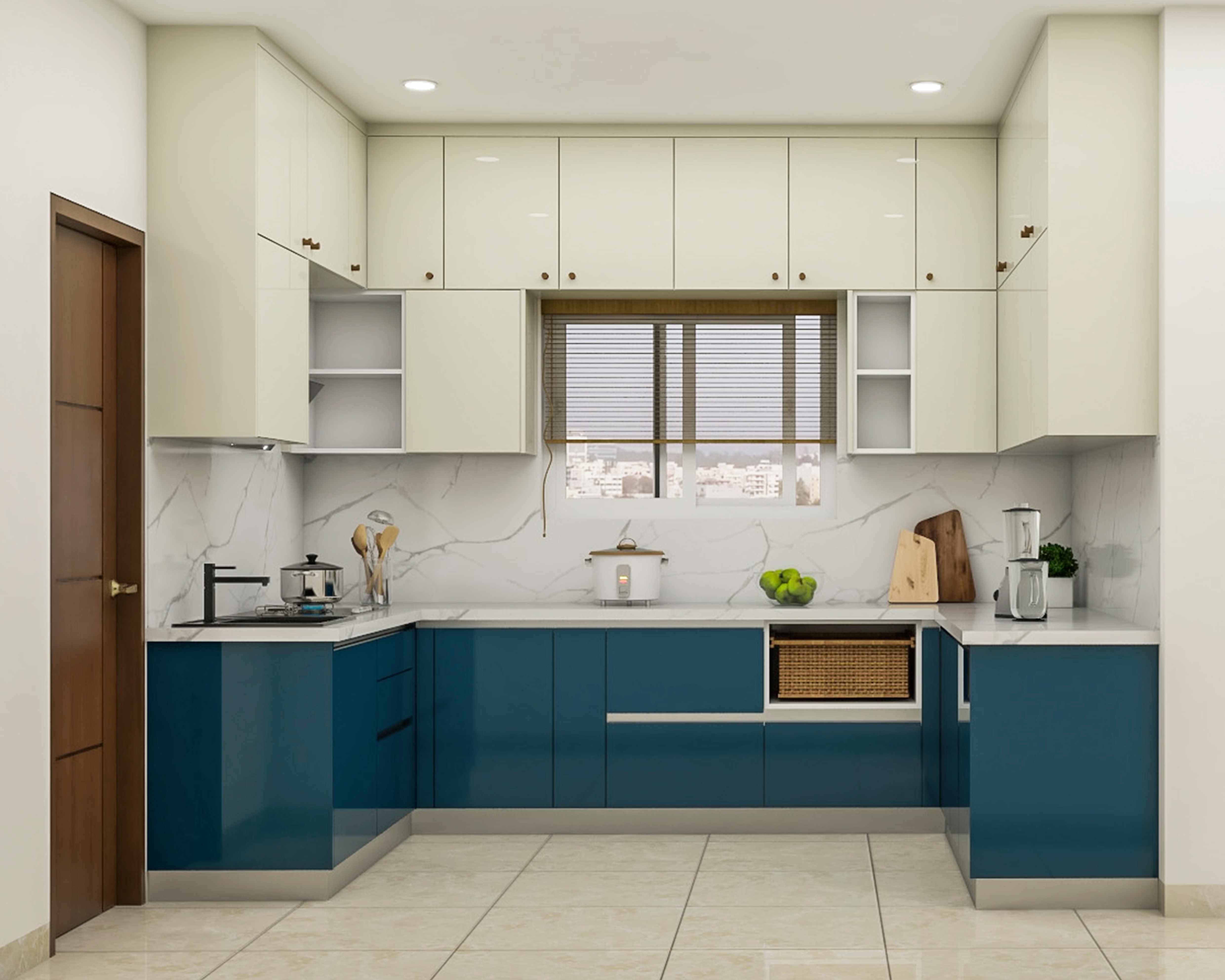Modern U-Shaped Kitchen Design With White And Blue Storage Units